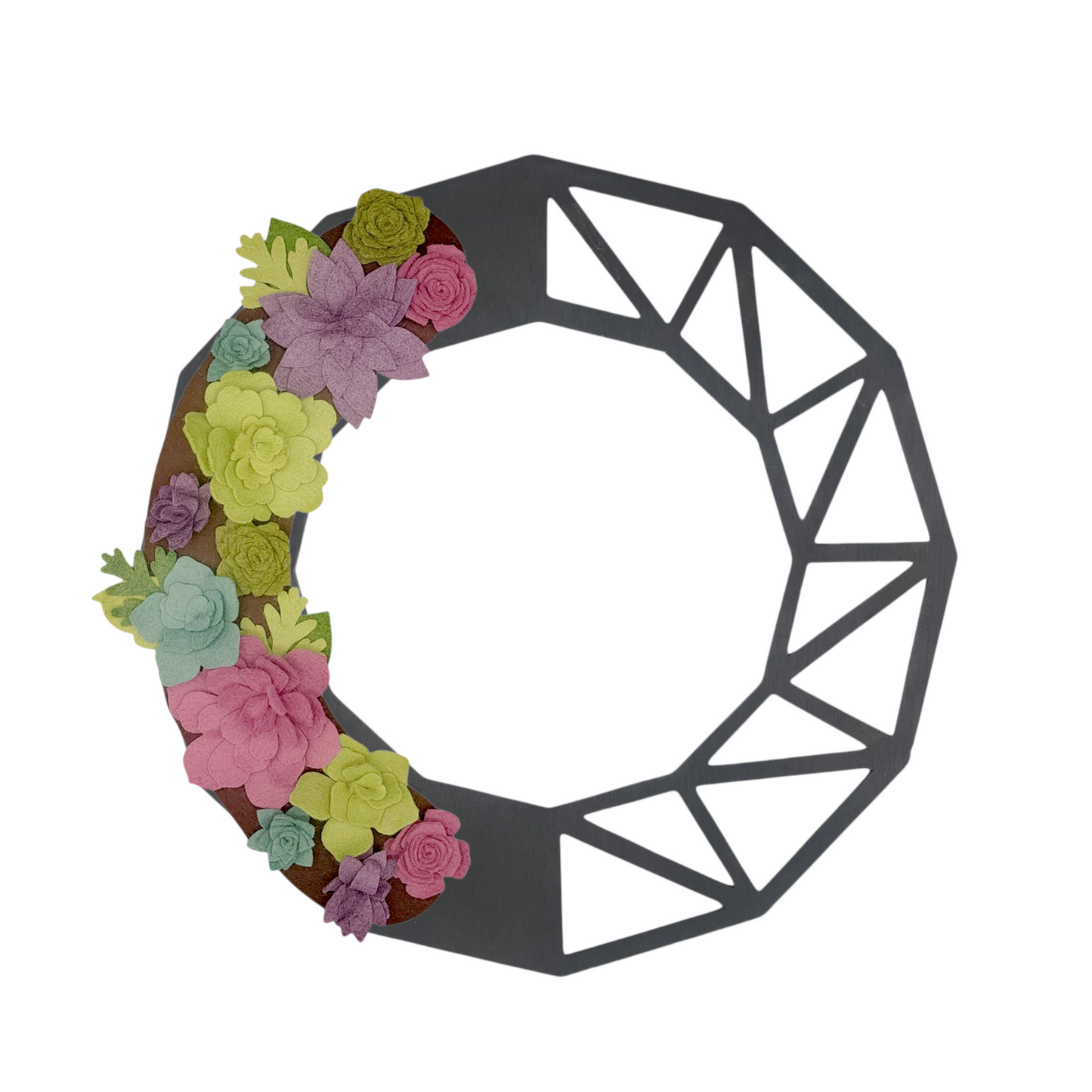 Summer succulents on geometric black base showcases our sustainable wreath that you can redecorate for every season and holiday.