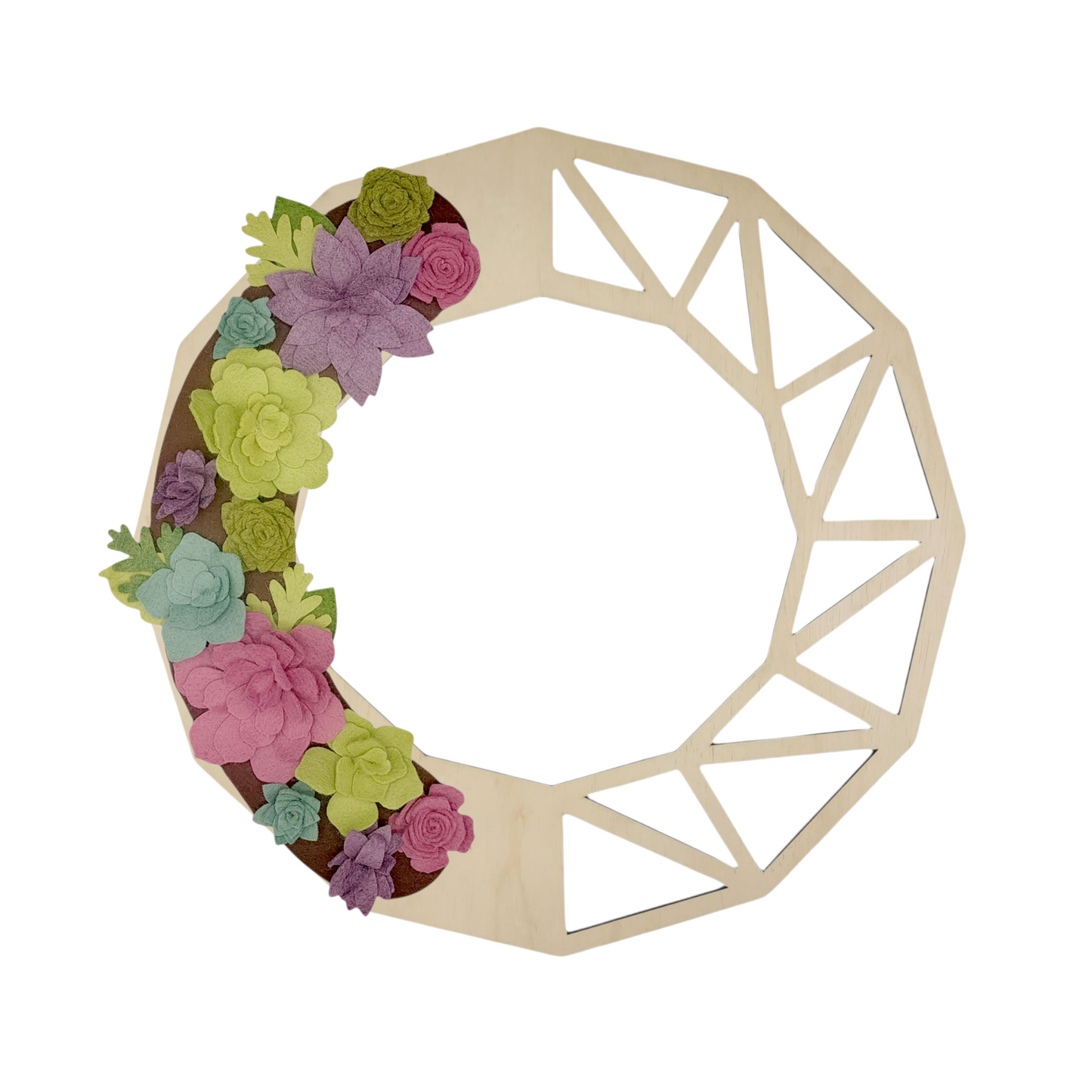 Summer succulents on geometric birch base showcases our sustainable wreath that you can redecorate for every season and holiday.
