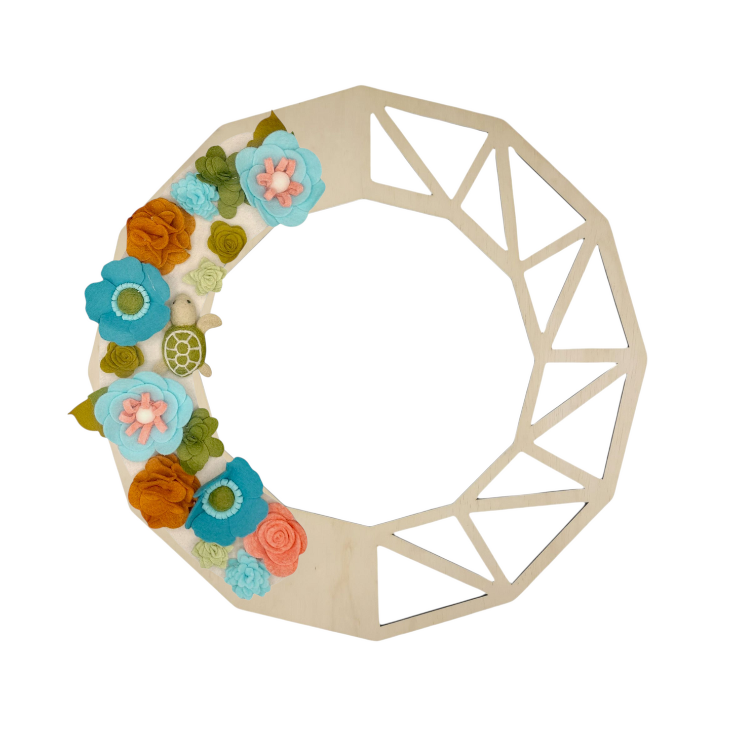 This wreath beautifies your door while raising awareness for the protection of sea turtles and their environment. Shown on the birch geometric wreath base.
