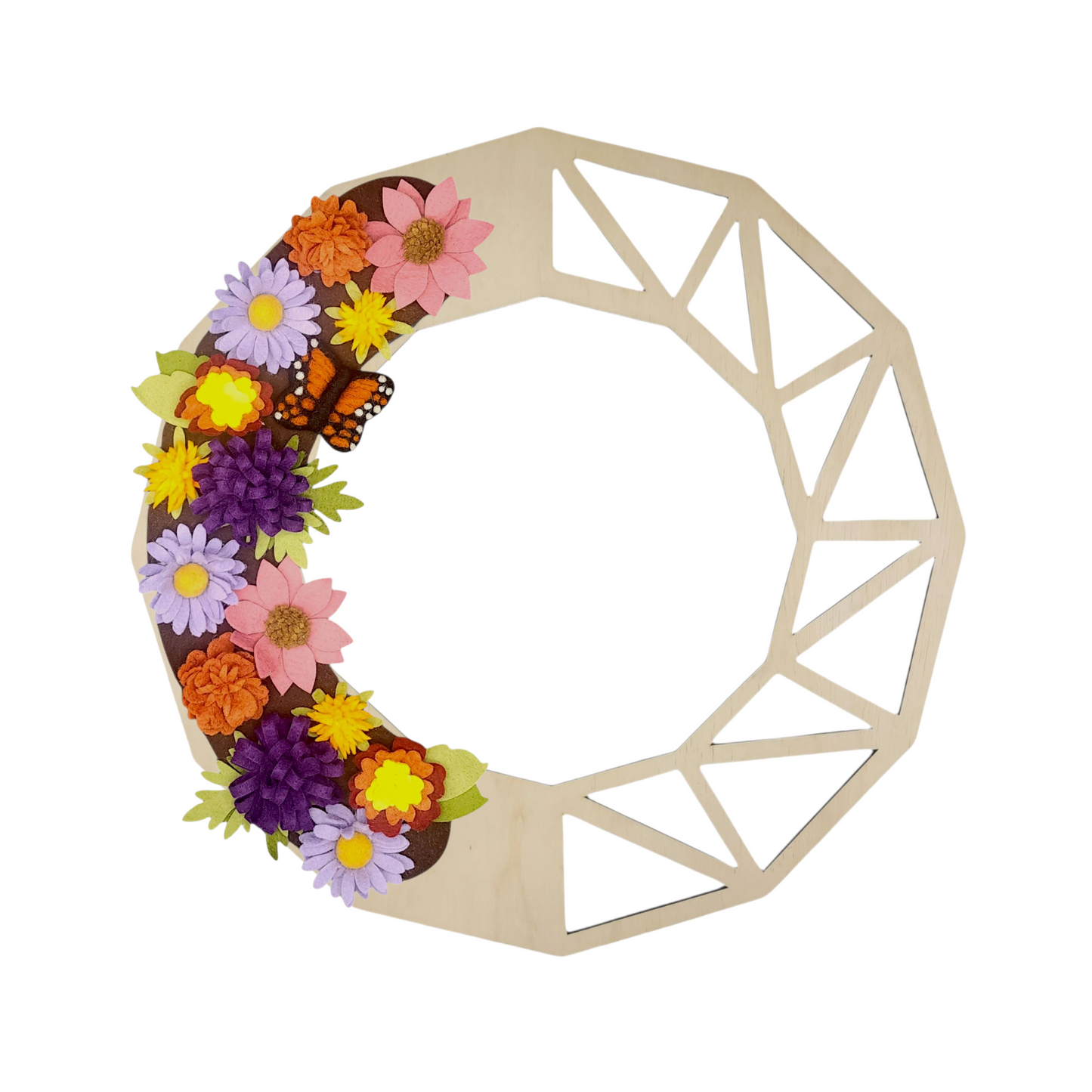 Monarch butterfly wreath attachment showcasing asters, lantana, milkweed, butterfly bush, and marigolds in warm autumn colors.