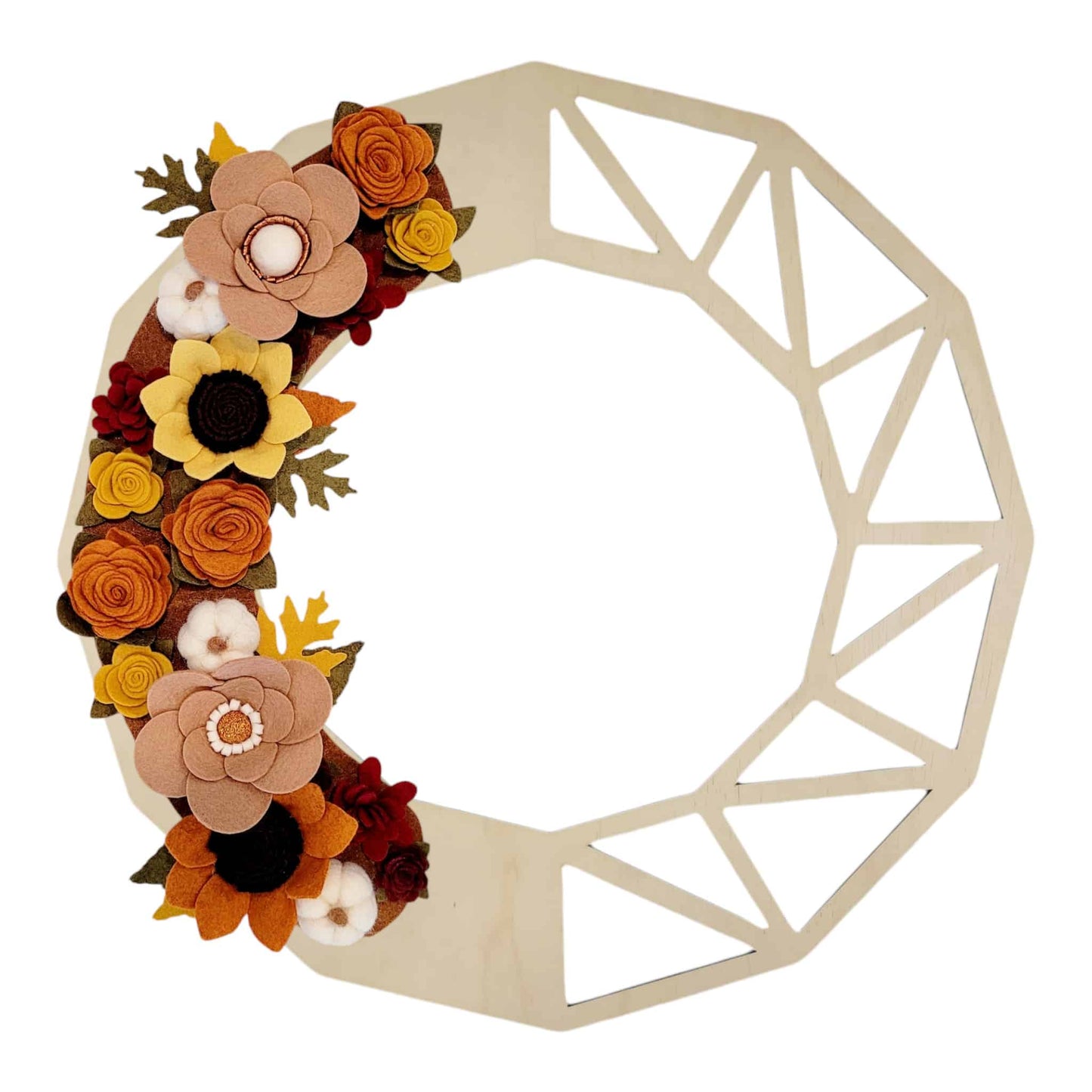 Yelllow, orange, burgundy felt flowers with white felted pumpkins on a birch geometric wreath base.