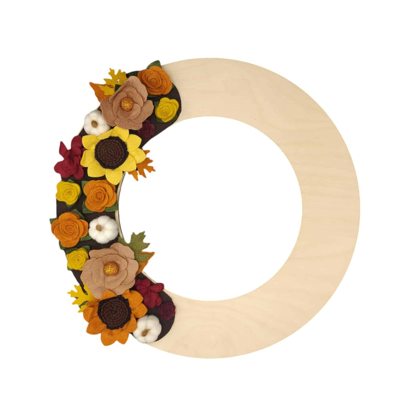 Sunflowers, pumpkins, and assorted autumn-hued flowers on a natural baltic birch wreath base giving a crisp clean look for September.