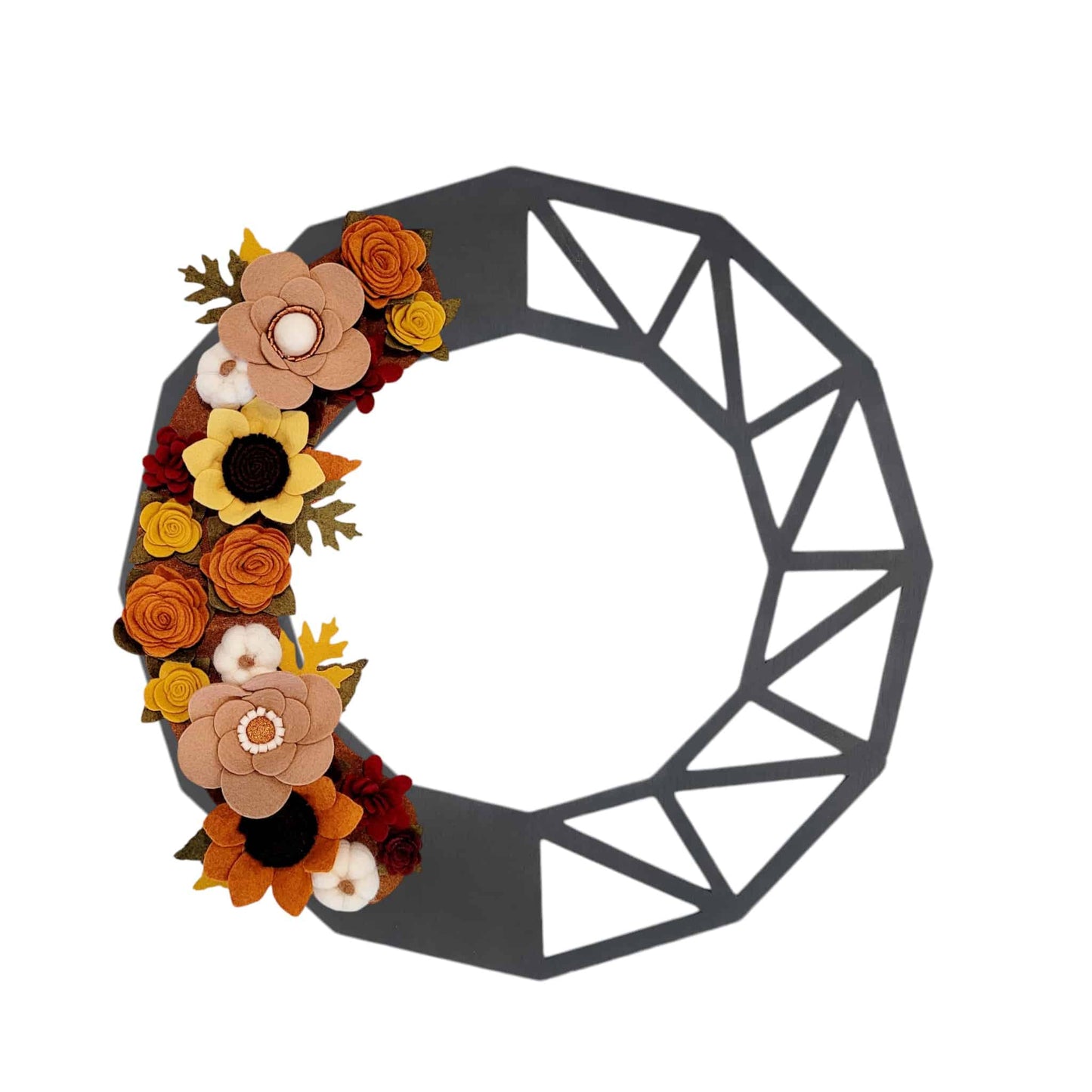 Reusable seasonal wreath with yelllow, orange, burgundy felt flowers with white felted pumpkins on a black geometric wreath base.