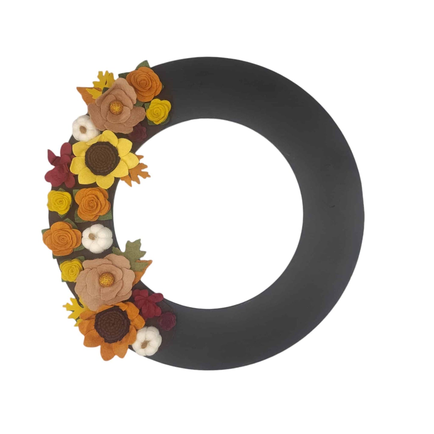 Yelllow, orange, burgundy felt flowers with white felted pumpkins on a black wreath base.