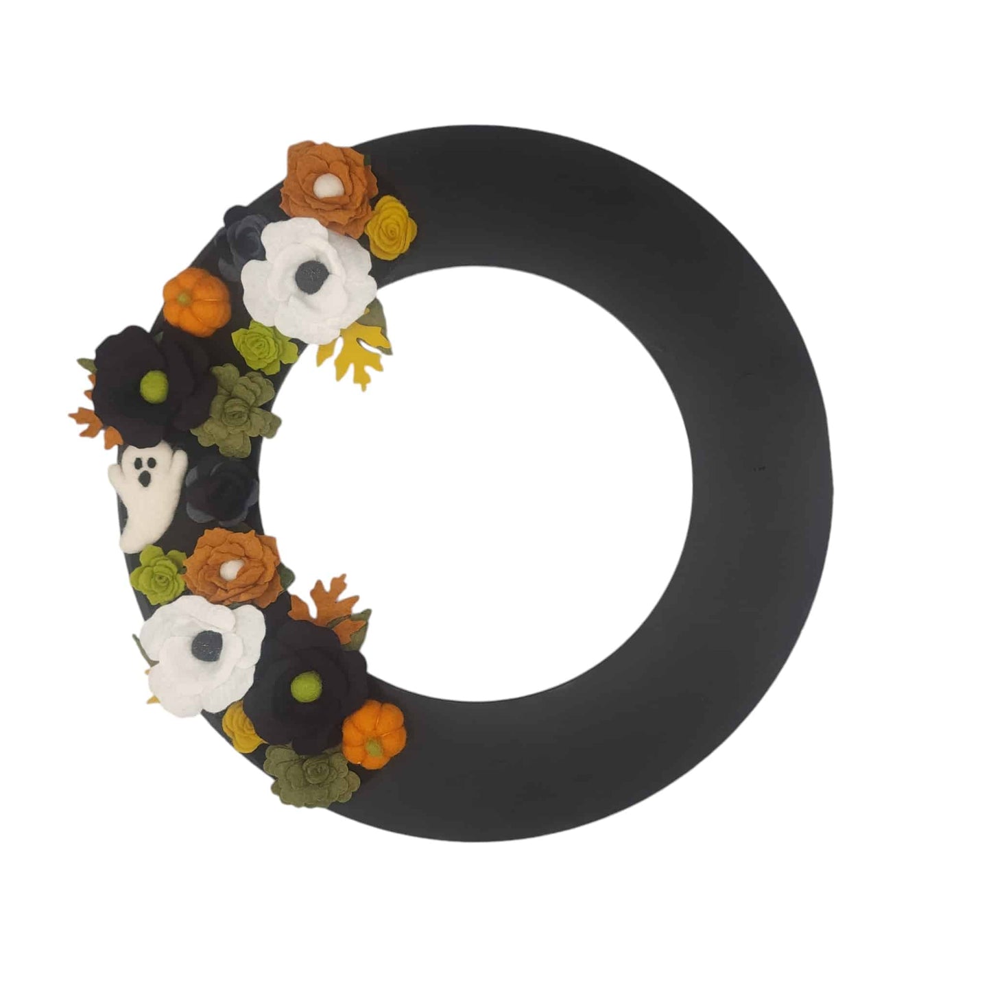 Adorable orange pumpkins are nestled throughout the wreath, enhancing its festive charm.