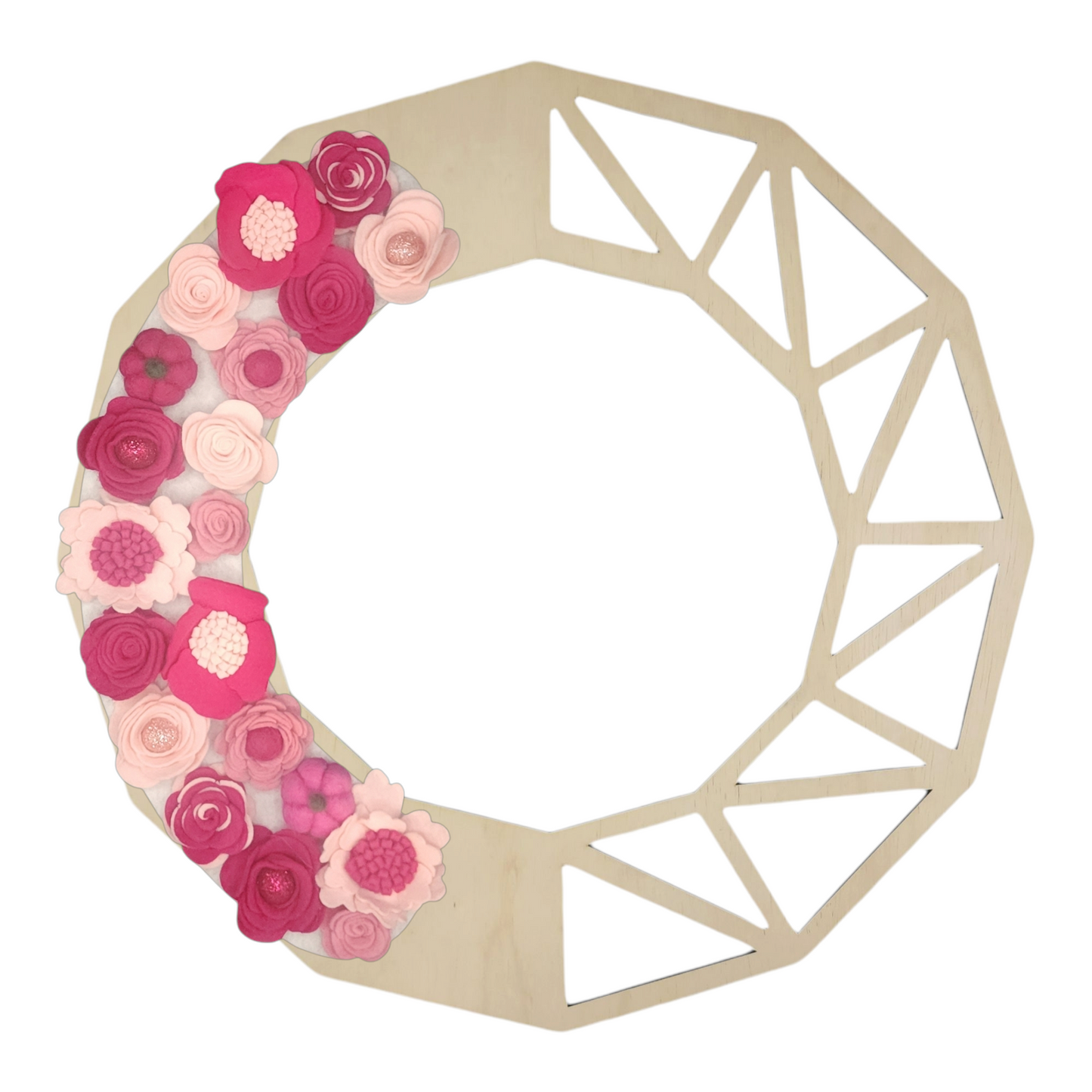 Limited Edition Eco-friendly wreath with shades of pink flowers, glitter balls and whimsical pink pumpkins shown on a geometric wreath base. October is Breast Cancer Awareness month - wear it pink!
