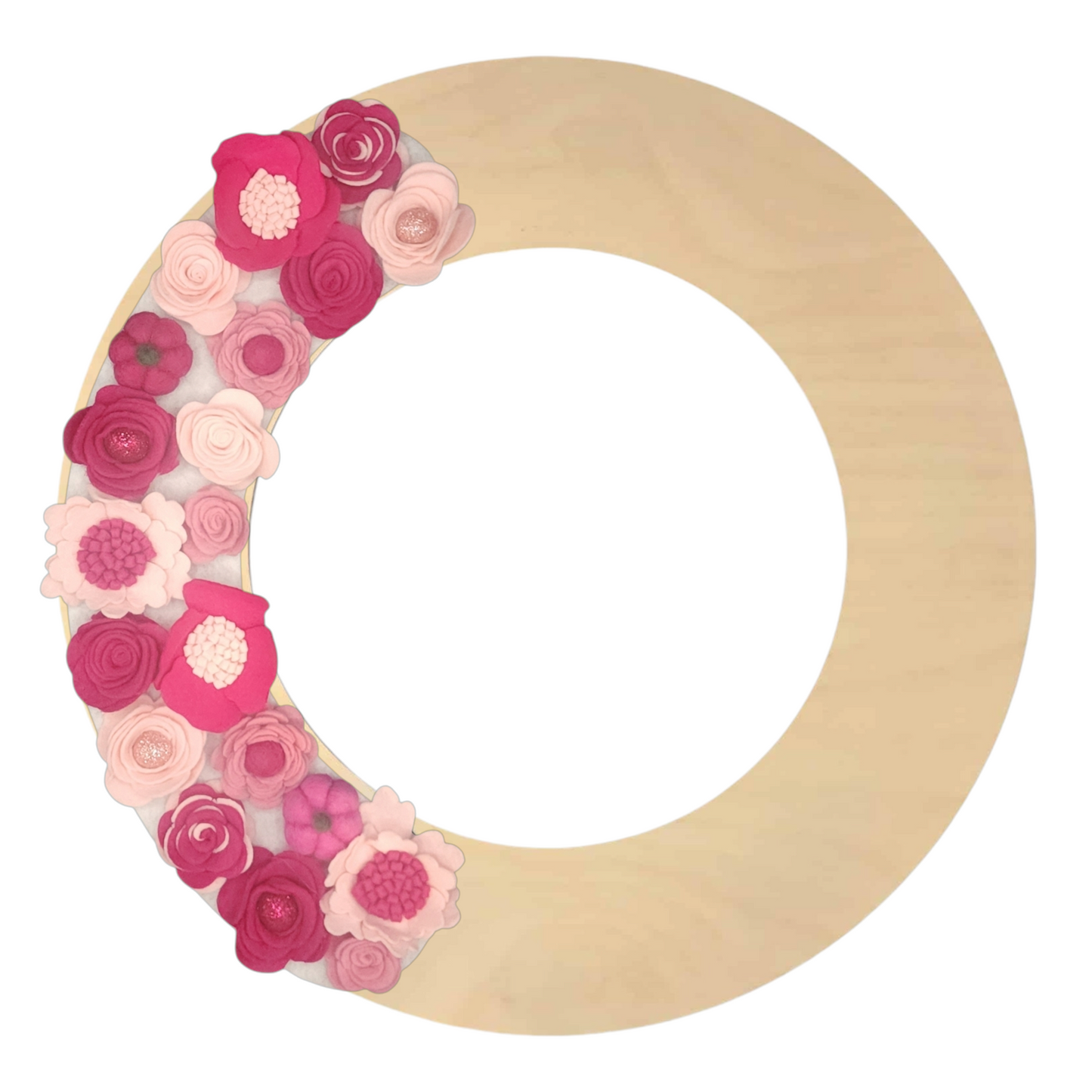 Limited Edition Eco-friendly wreath with shades of pink flowers, glitter balls and whimsical pink pumpkins shown on a birch wreath base. October is Breast Cancer Awareness month - wear it pink!