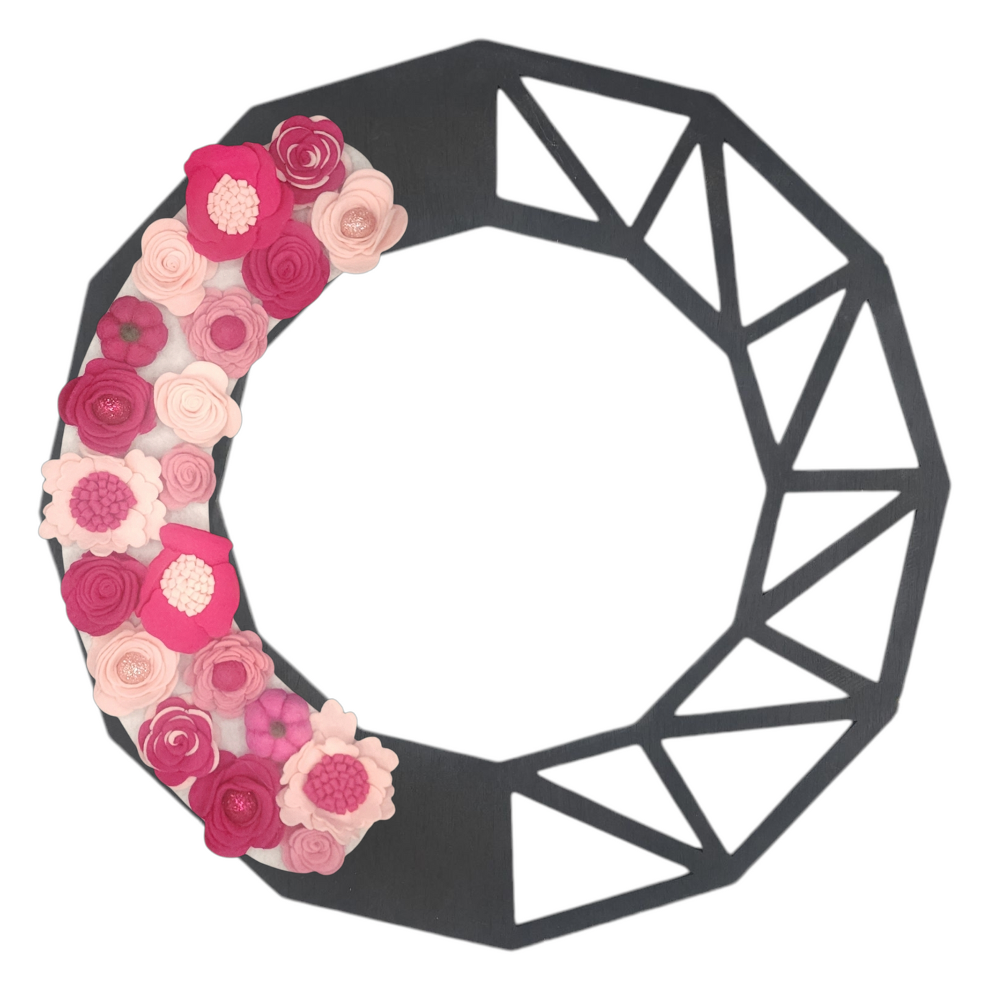 Limited Edition Eco-friendly wreath with shades of pink flowers, glitter balls and whimsical pink pumpkins shown on a geometric wreath base. October is Breast Cancer Awareness month - wear it pink!
