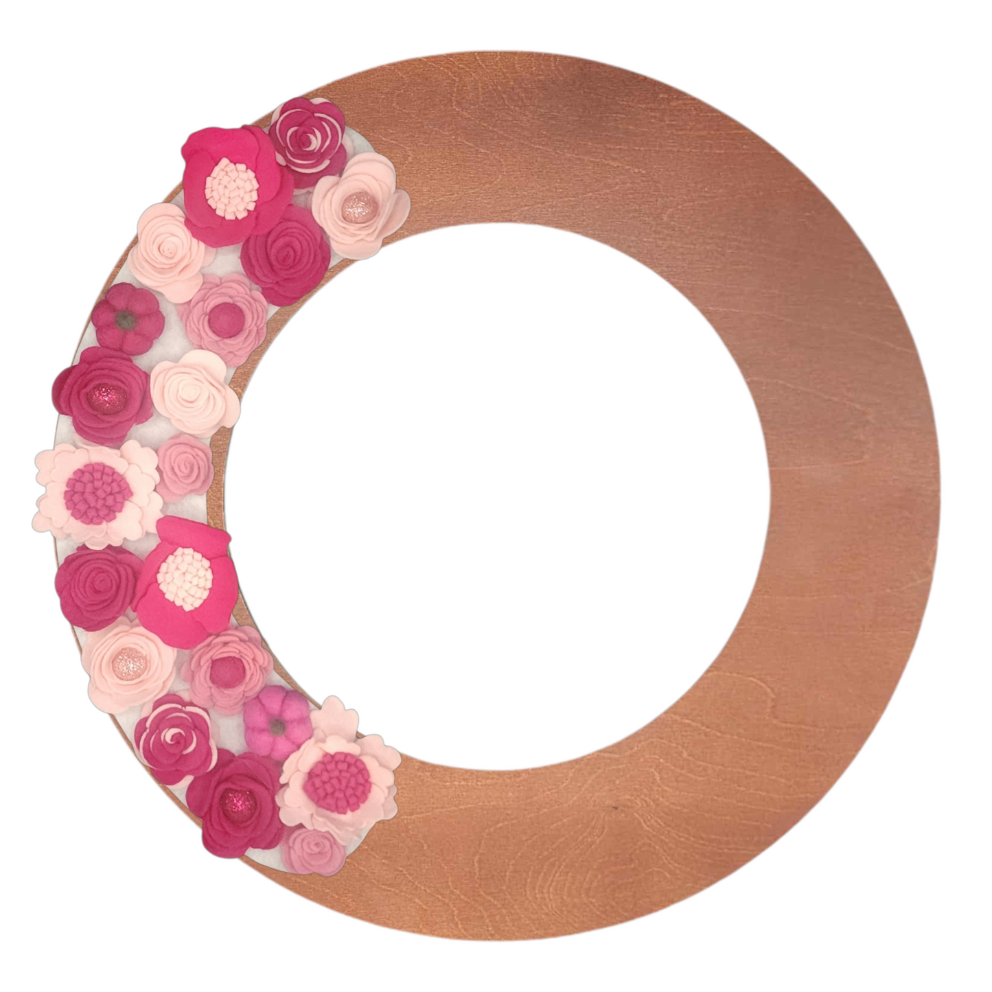 Limited Edition Eco-friendly wreath with shades of pink flowers, glitter balls and whimsical pink pumpkins shown on a walnut wreath base. October is Breast Cancer Awareness month - wear it pink!