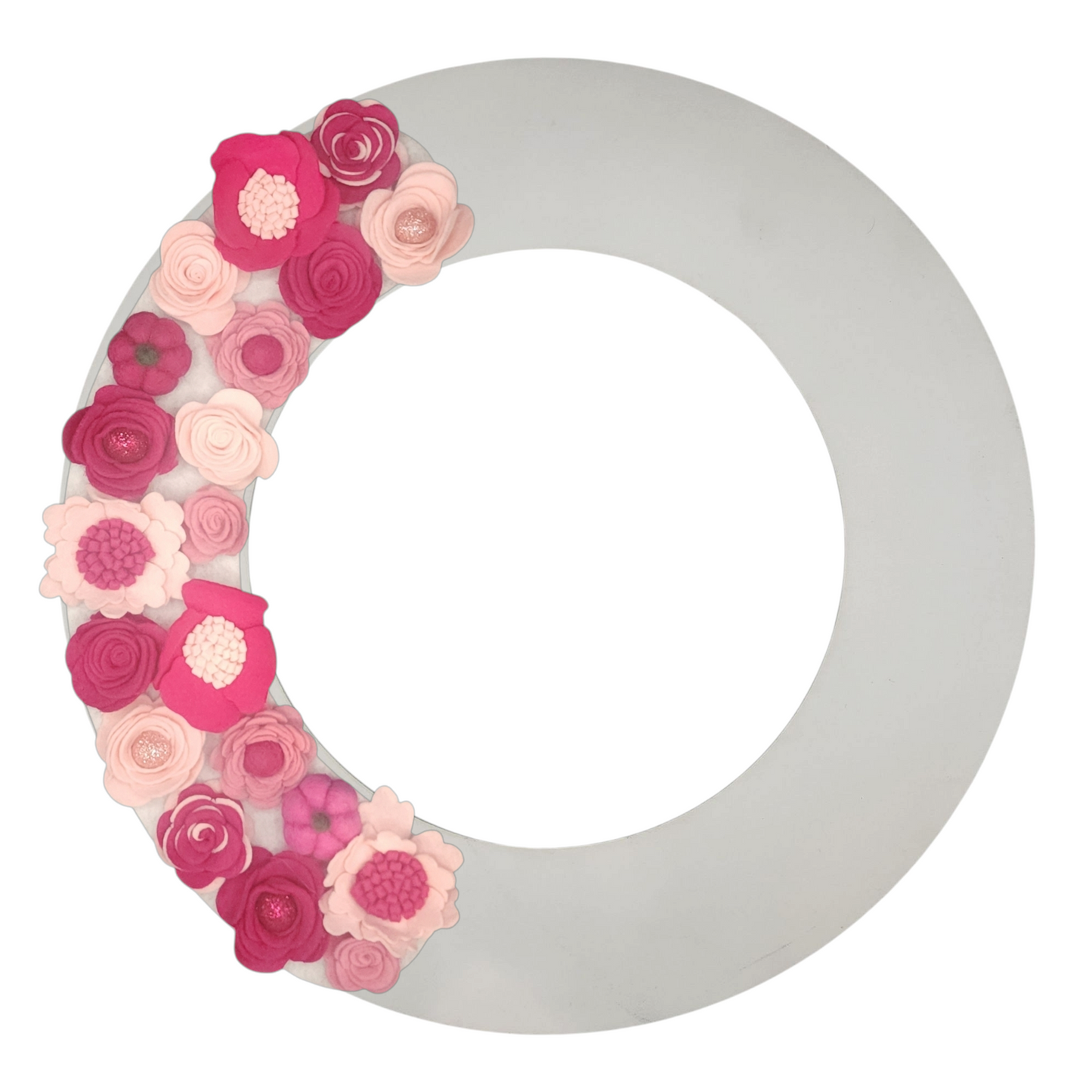 Limited Edition Eco-friendly wreath with shades of pink flowers, glitter balls and whimsical pink pumpkins shown on a white wreath base. October is Breast Cancer Awareness month - wear it pink!