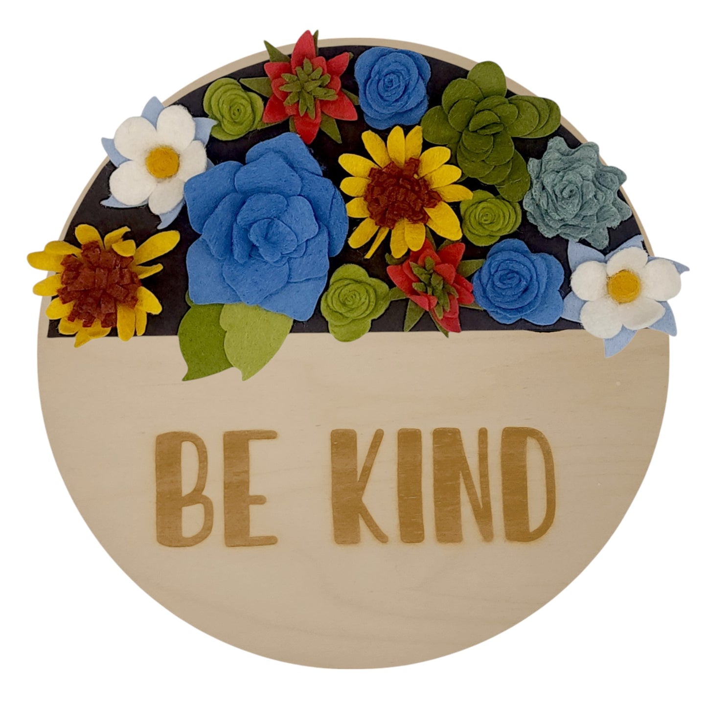 A brown-backed wreath attachment decorated with vibrant daisies, succulents, Columbine, and Indian paintbrush, crafted from eco-friendly felt. Customizable and part of the state wildflowers collection.