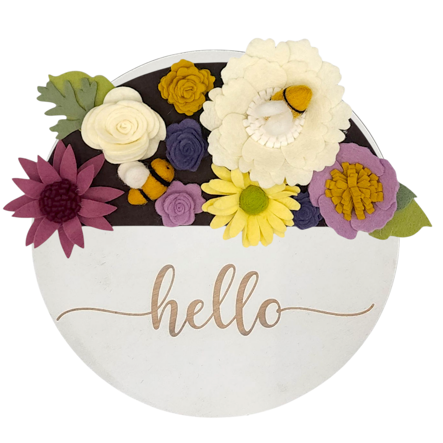 Door sign wreath featuring felt bumblebees and flowers aiding pollinator protection on a round white base reading "HELLO".