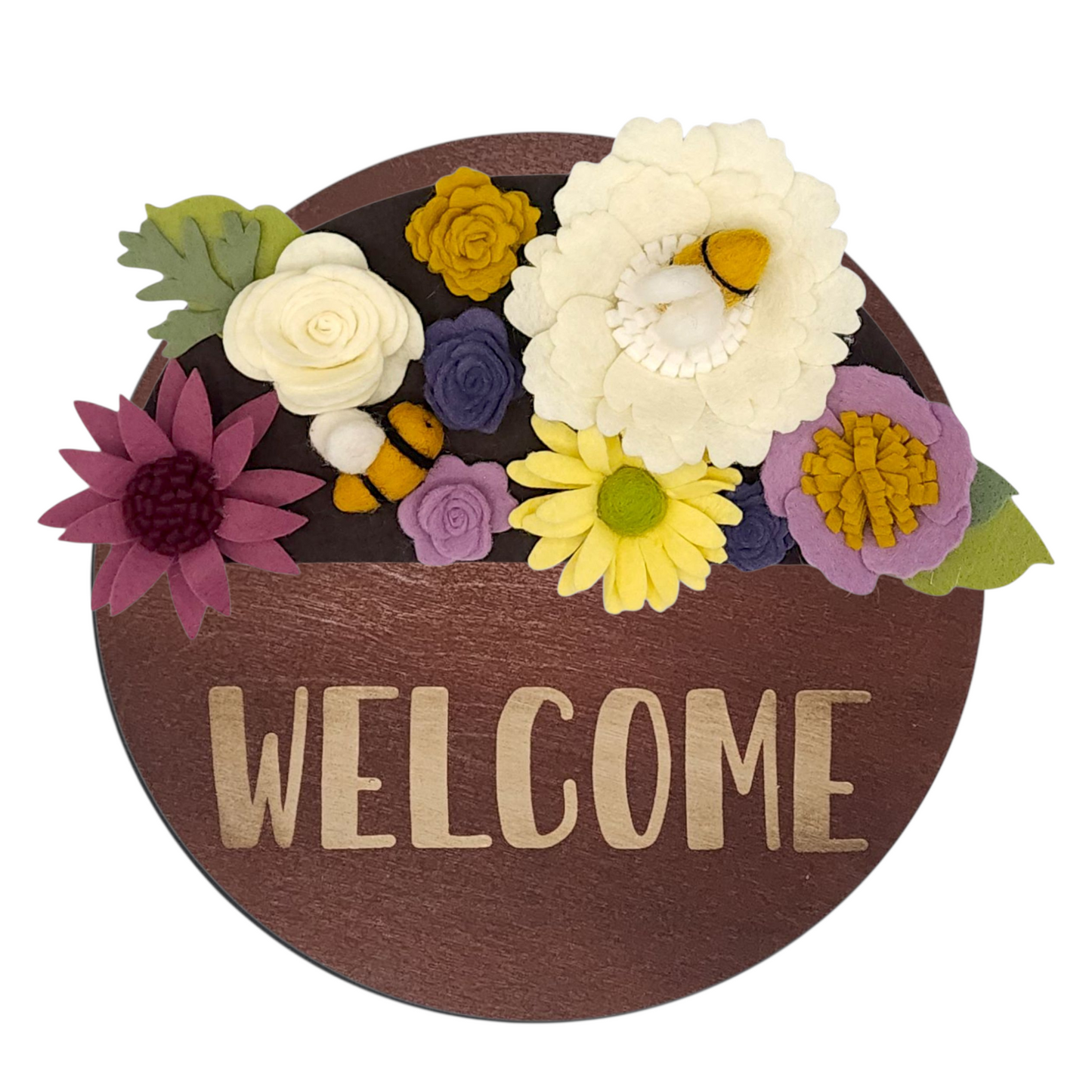 Wreath featuring felt bumblebees and flowers aiding pollinator protection on a round walnut base reading "WELCOME".