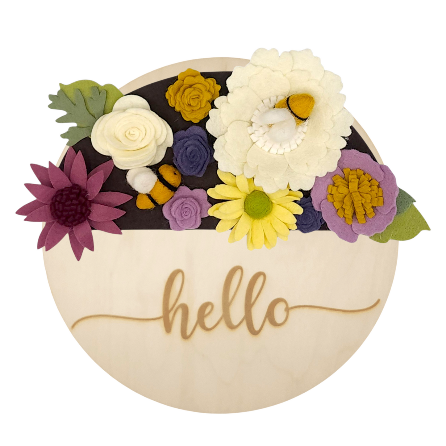 Wreath featuring felt bumblebees and flowers aiding pollinator protection on a round birch base reading "HELLO".