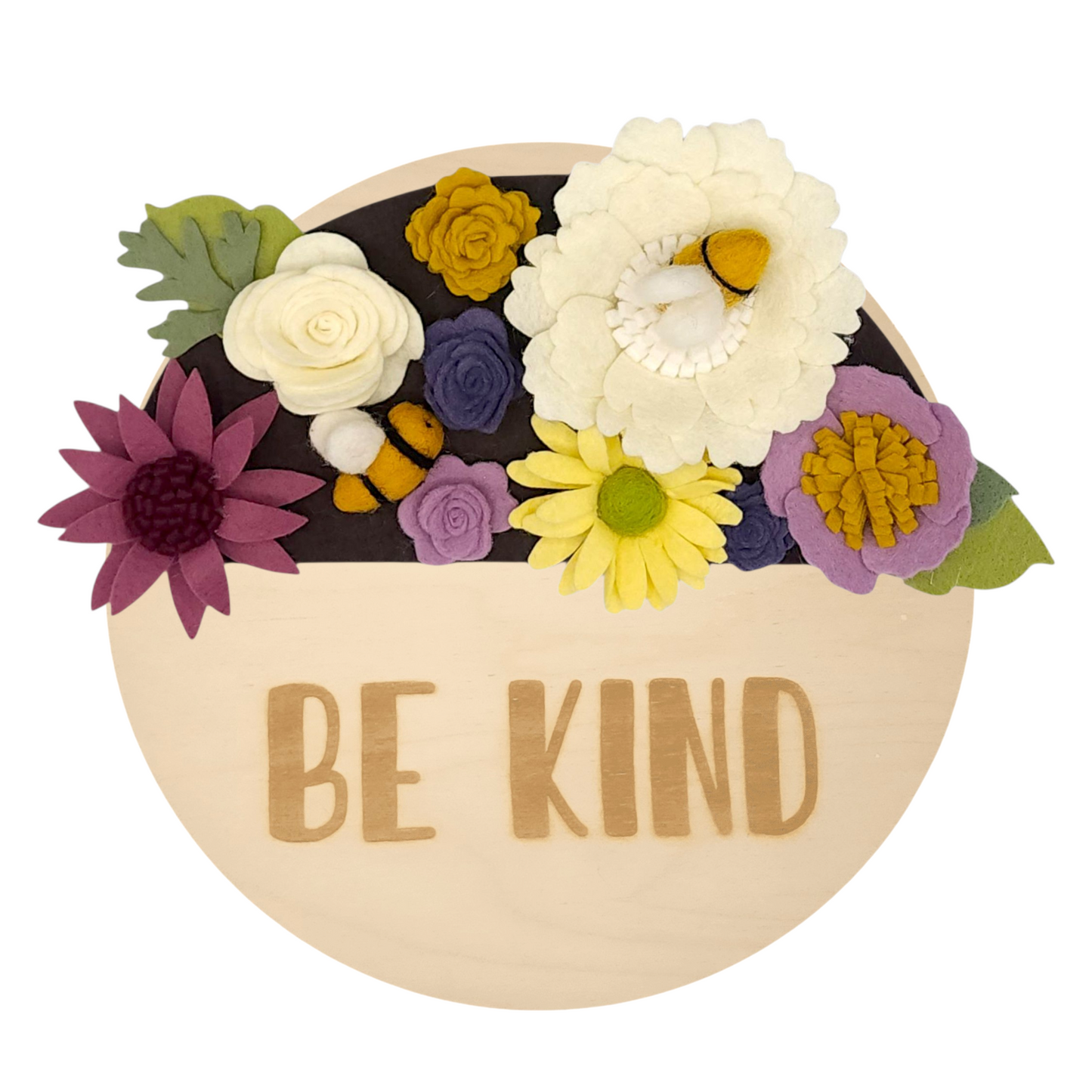 Reusable wreath featuring felt bumblebees and flowers aiding pollinator protection on a round birch base reading "BE KIND" door sign.