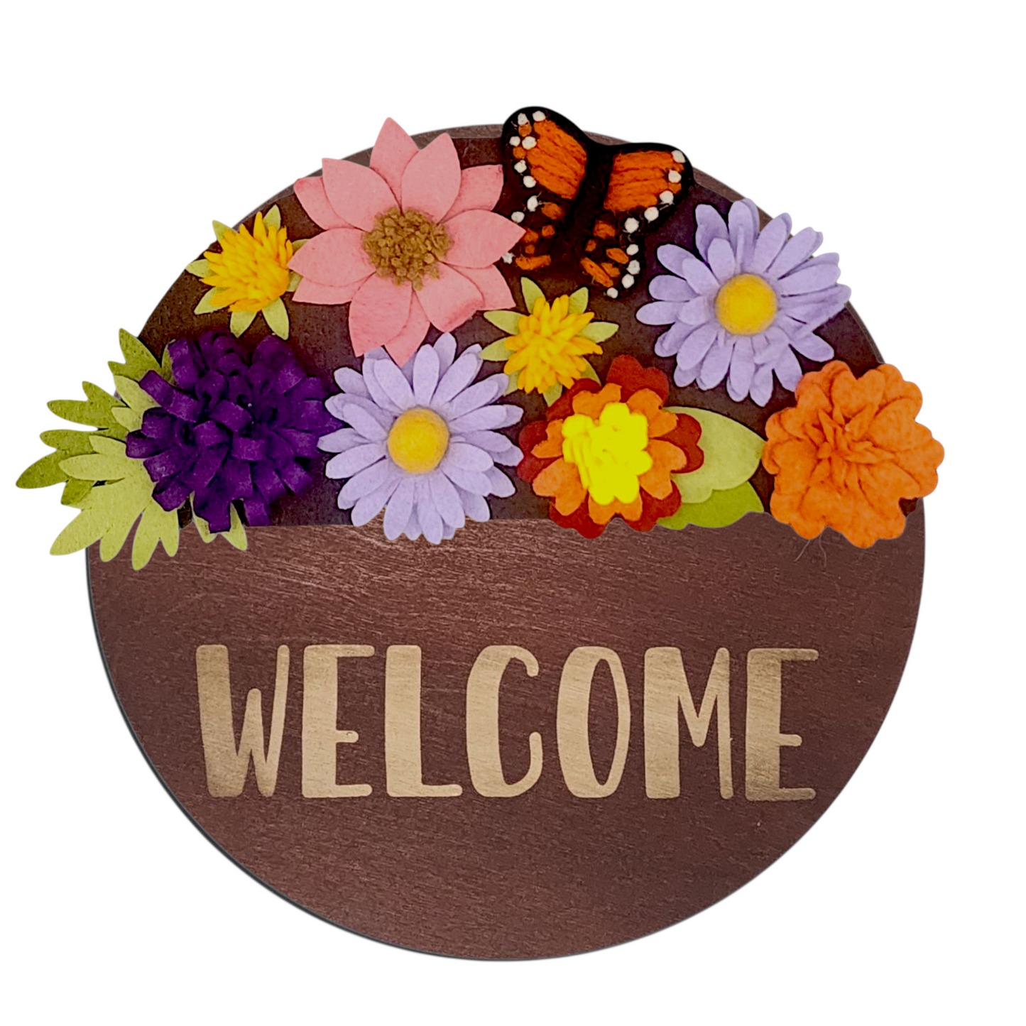 Wreath attachment featuring monarch butterflies surrounded by orange, yellow, pink, and violet late-season flowers that attract pollinators.