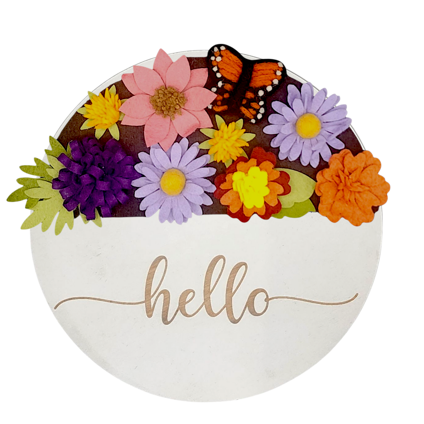 Autumn-themed wreath attachment bursting with orange, yellow, pink, and violet flowers beloved by monarch butterflies.