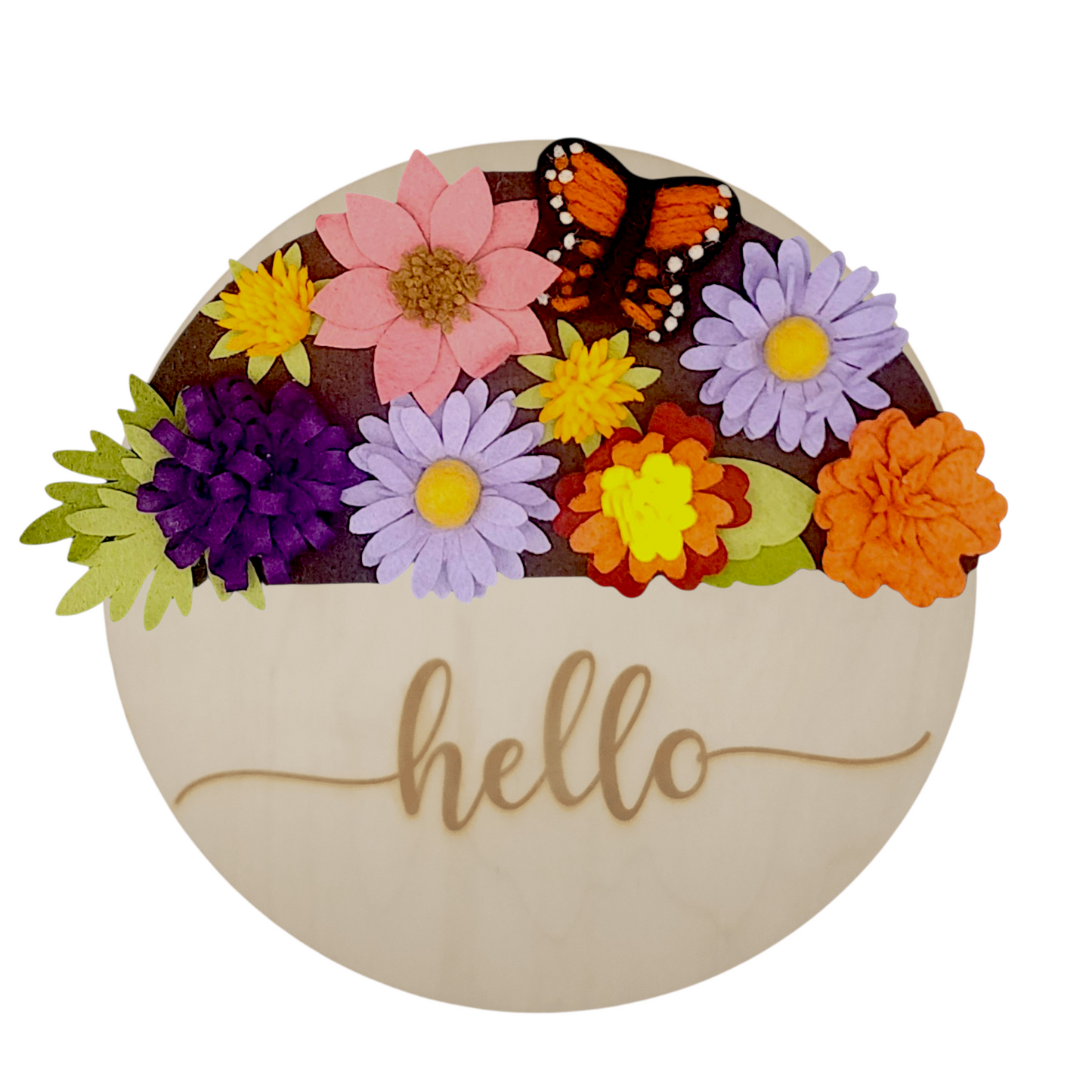 Wreath design celebrating monarch migration season, with vivid blooms like milkweed and butterfly bush against a natural brown backdrop.