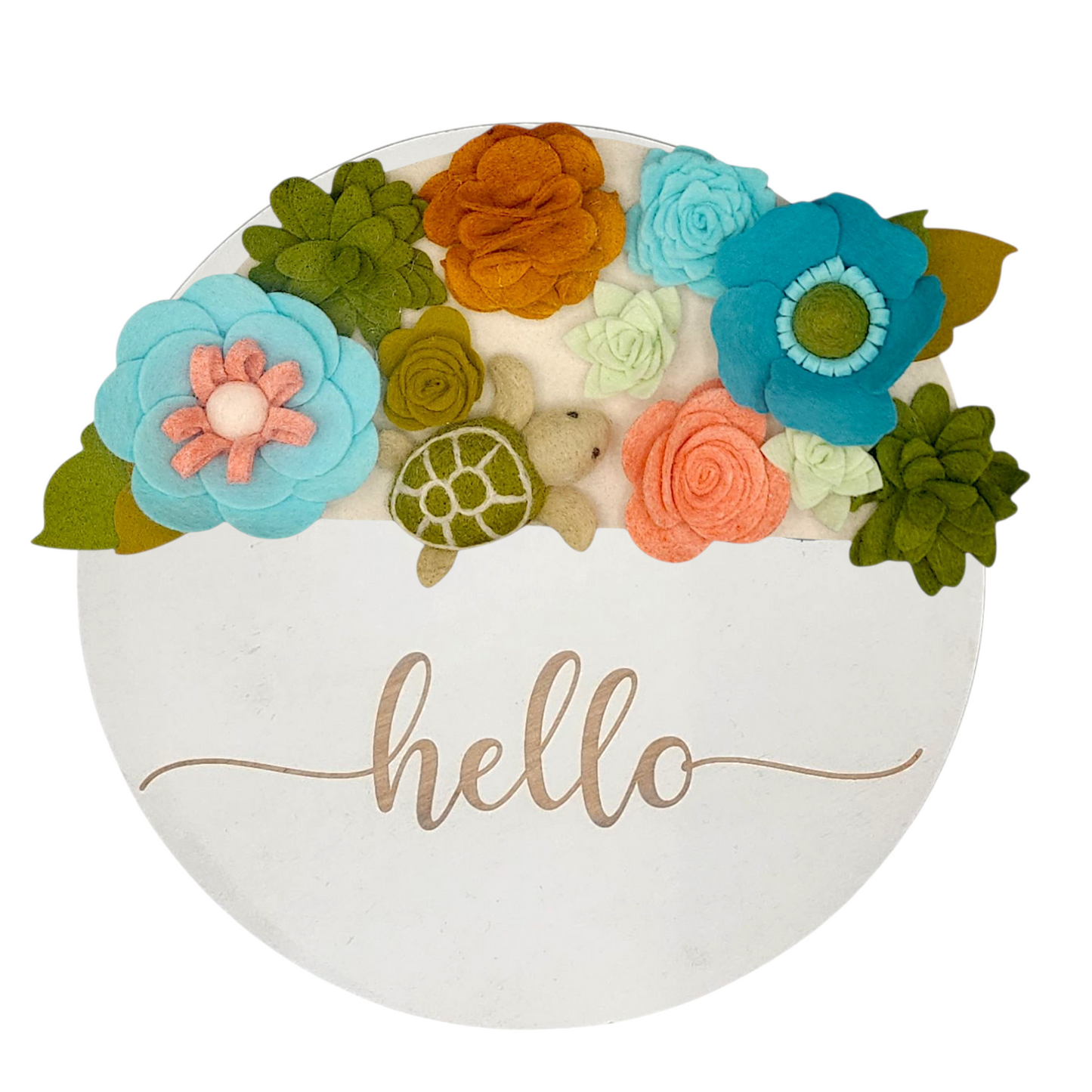 Handcrafted sea turtle wreath attachment decorated with turquoise and aqua flowers against a sandy tan background.