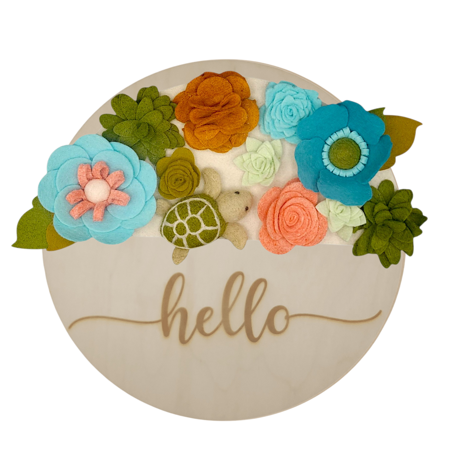 Ocean-inspired wreath attachment with a felt sea turtle, flowing seaweed, and coastal blooms in shades of blue and green.