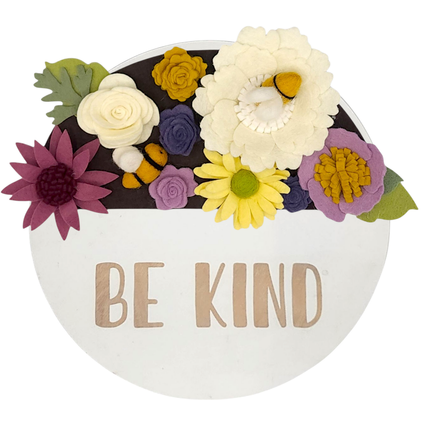 Wreath featuring felt bumblebees and flowers aiding pollinator protection on a round white base reading "BE KIND".