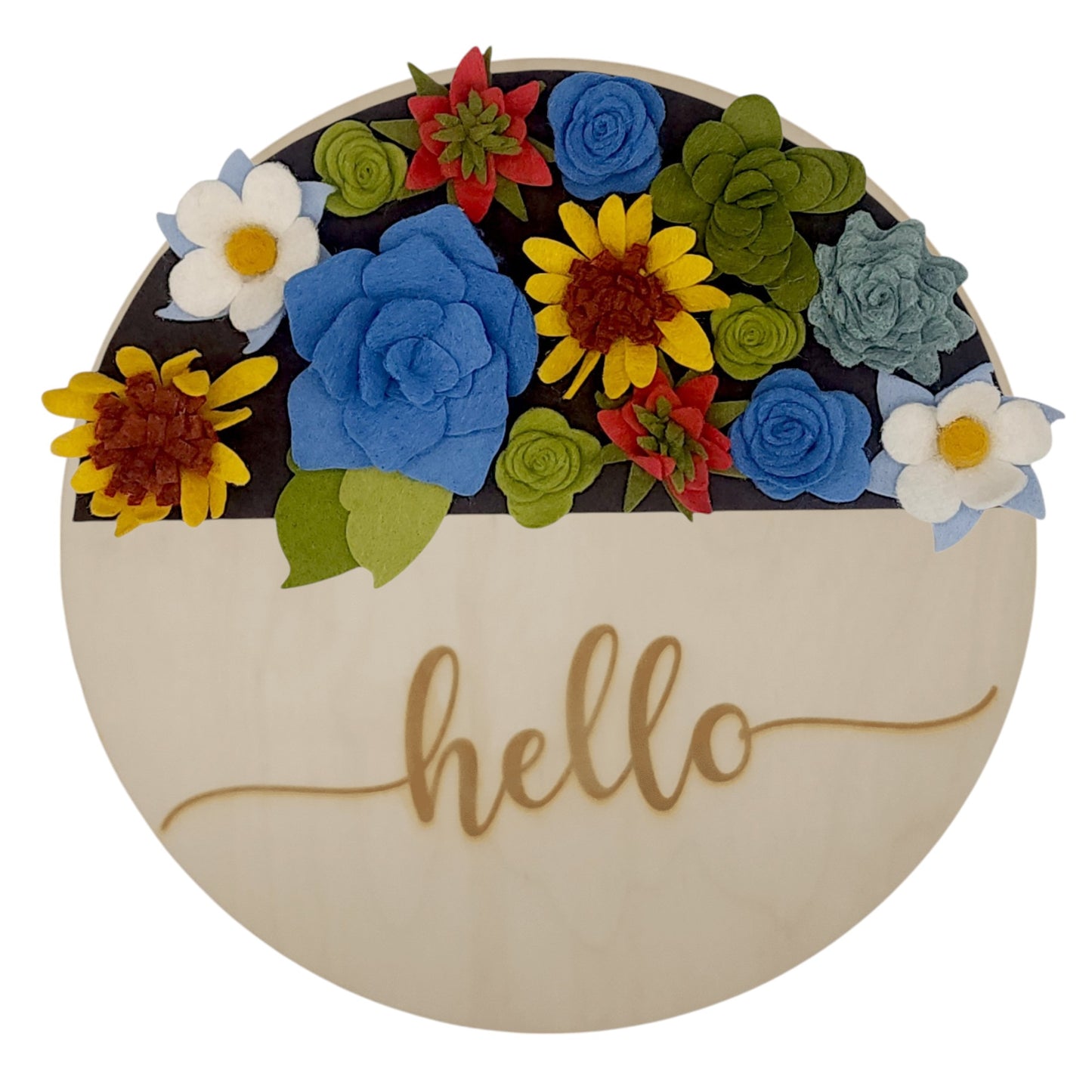 This eco-friendly wreath attachment displays daisies, succulents, Columbine, and Indian paintbrush made of felt, arranged on a brown background. Designed for customization, it's part of the state collection.