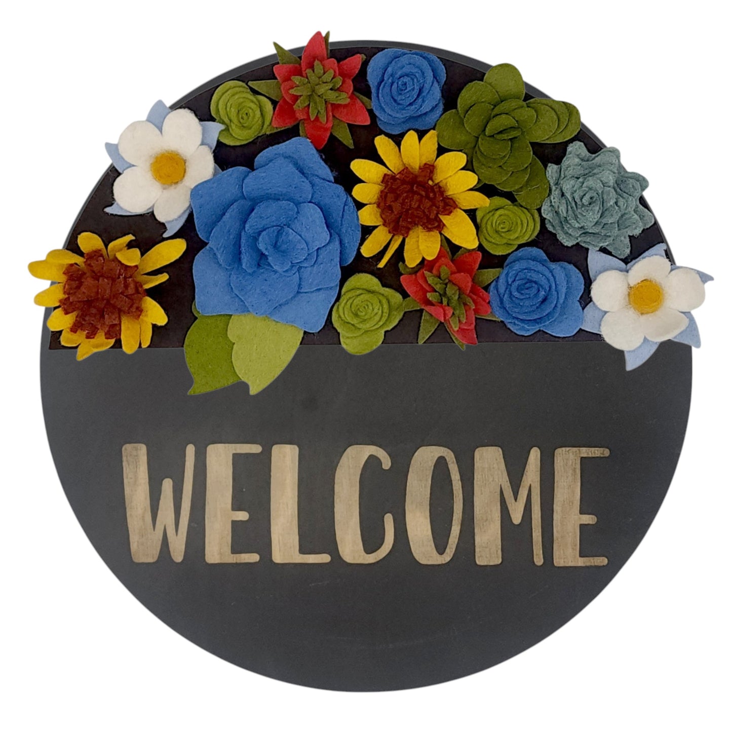 A unique wreath attachment adorned with felt daisies, succulents, Columbine, and Indian paintbrush flowers on a warm brown background. This eco-conscious design is part of the state wildflowers collection.