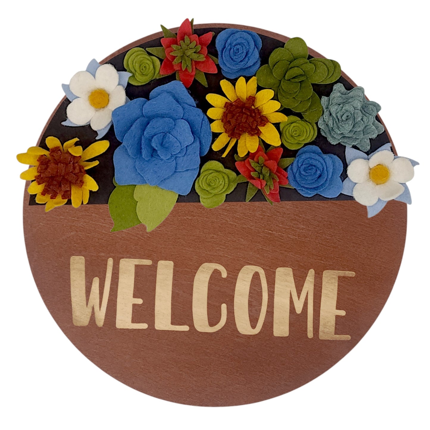 Eco-friendly felt wreath attachment showcasing daisies, succulents, Columbine, and Indian paintbrush flowers on a neutral brown backdrop. Part of the state wildflowers collection, it offers an interchangeable and customizable design.