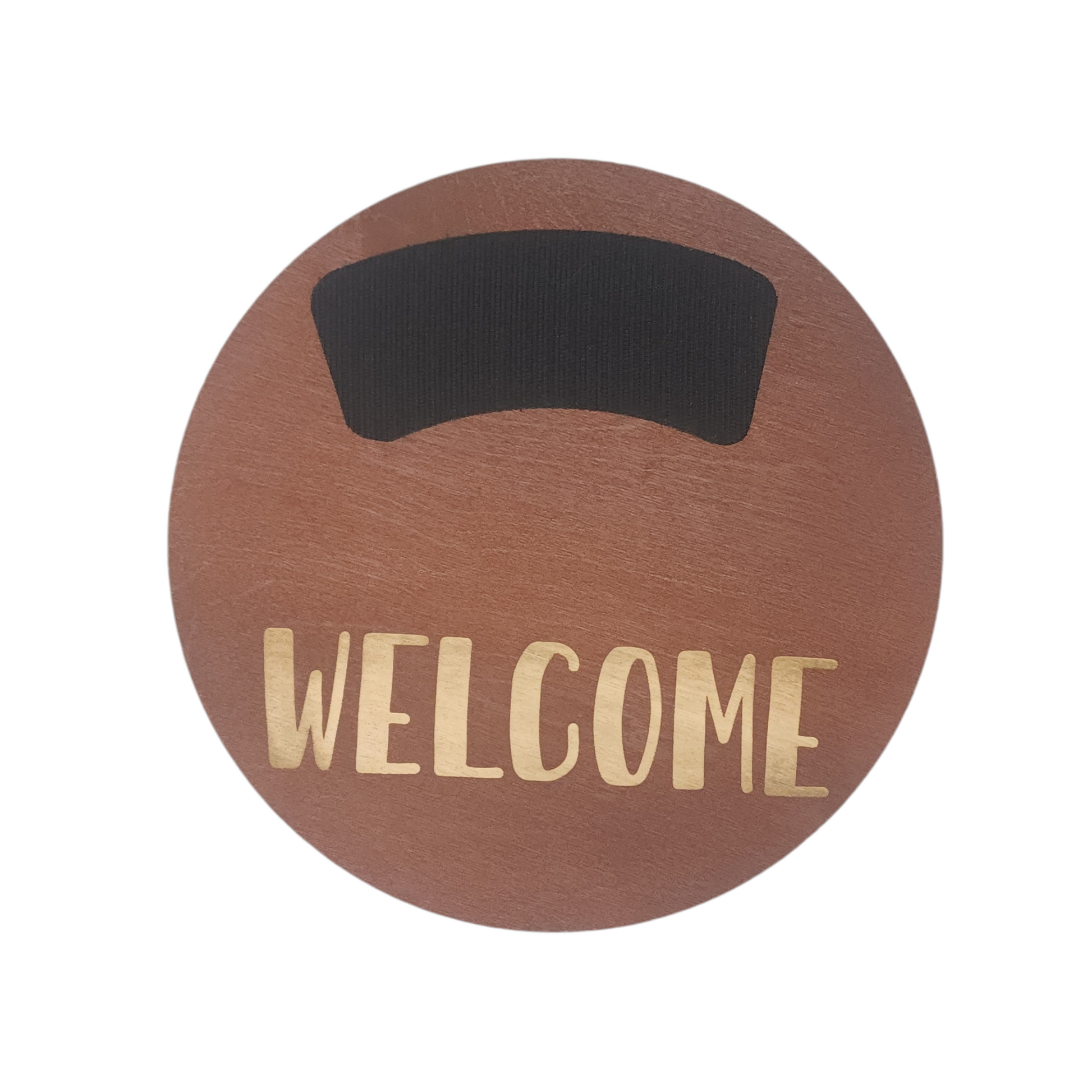 11" circular wreath base in color walnut with "WELCOME" laser etched below velcro for attachments.