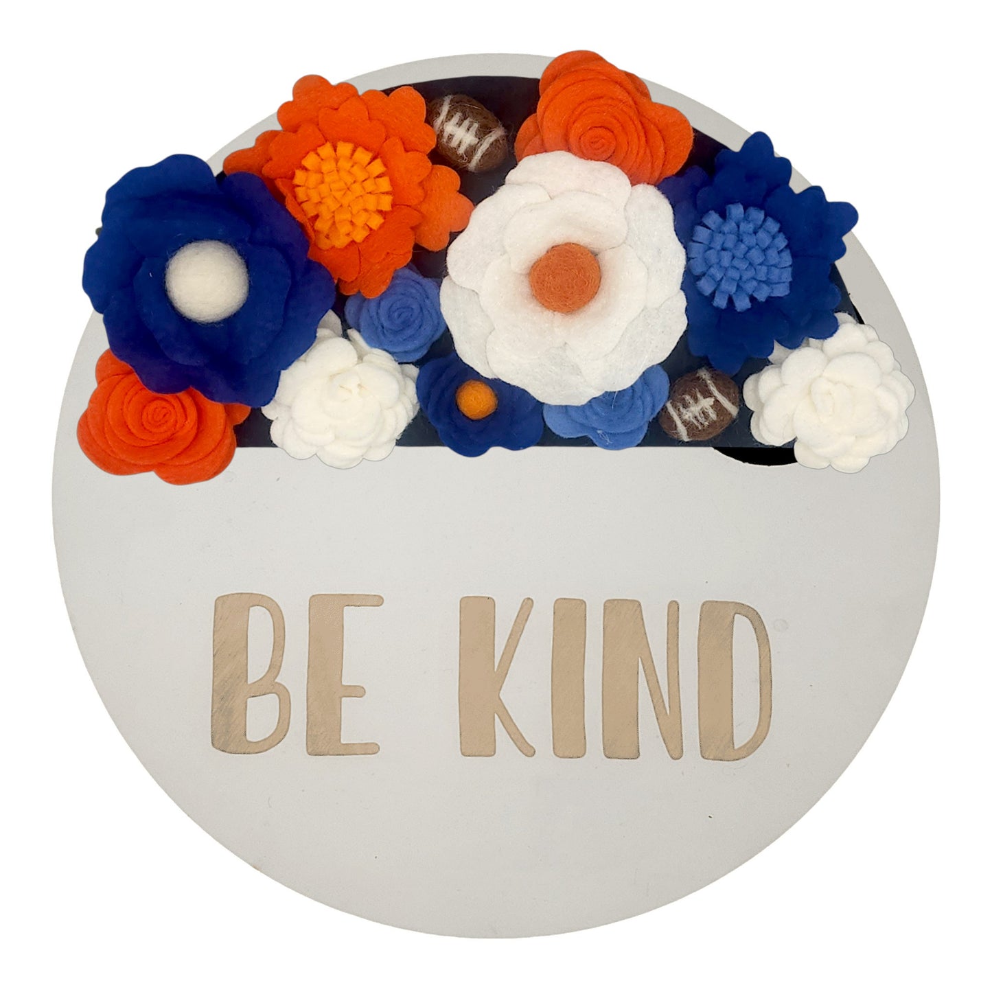 Wreath attachment featuring a bold football motif surrounded by deep navy leaves and bright orange blooms on a sand-toned base.