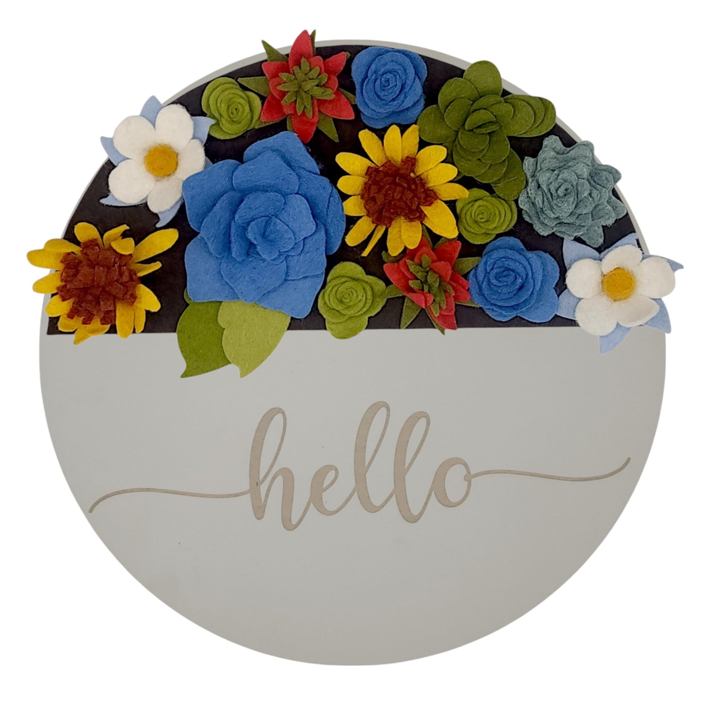 Felt flower wreath attachment featuring daisies, succulents, Columbine, and Indian paintbrush on a soft brown background. Customizable for door signs and part of the state wildflowers series.