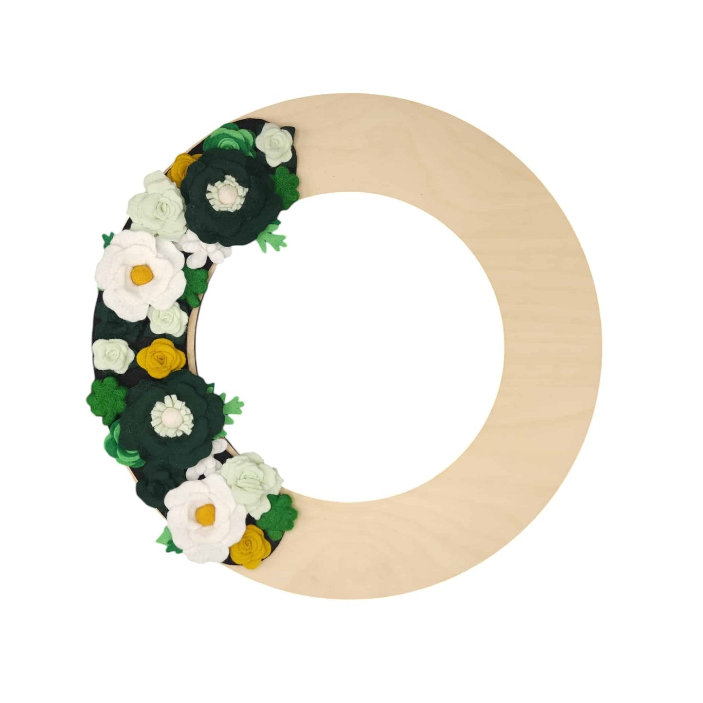 Swap out holiday wreath, an elegant gold felt flower accents add a touch of sparkle, enhancing the festive feel of the door decor design.