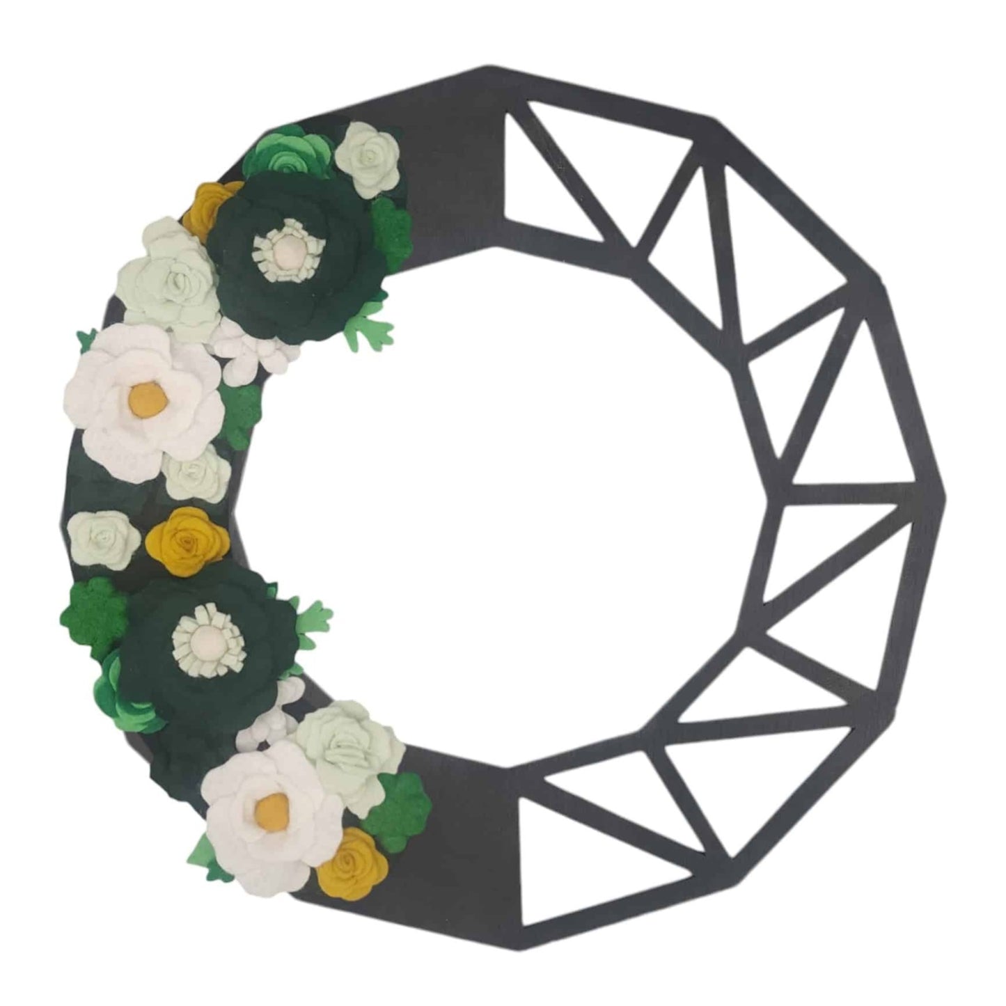 Swappable holiday wreath, a St. Patrick's Day wreath made with green, white, and gold felt flowers, celebrating the spirit of the holiday shown on a black geometric base.