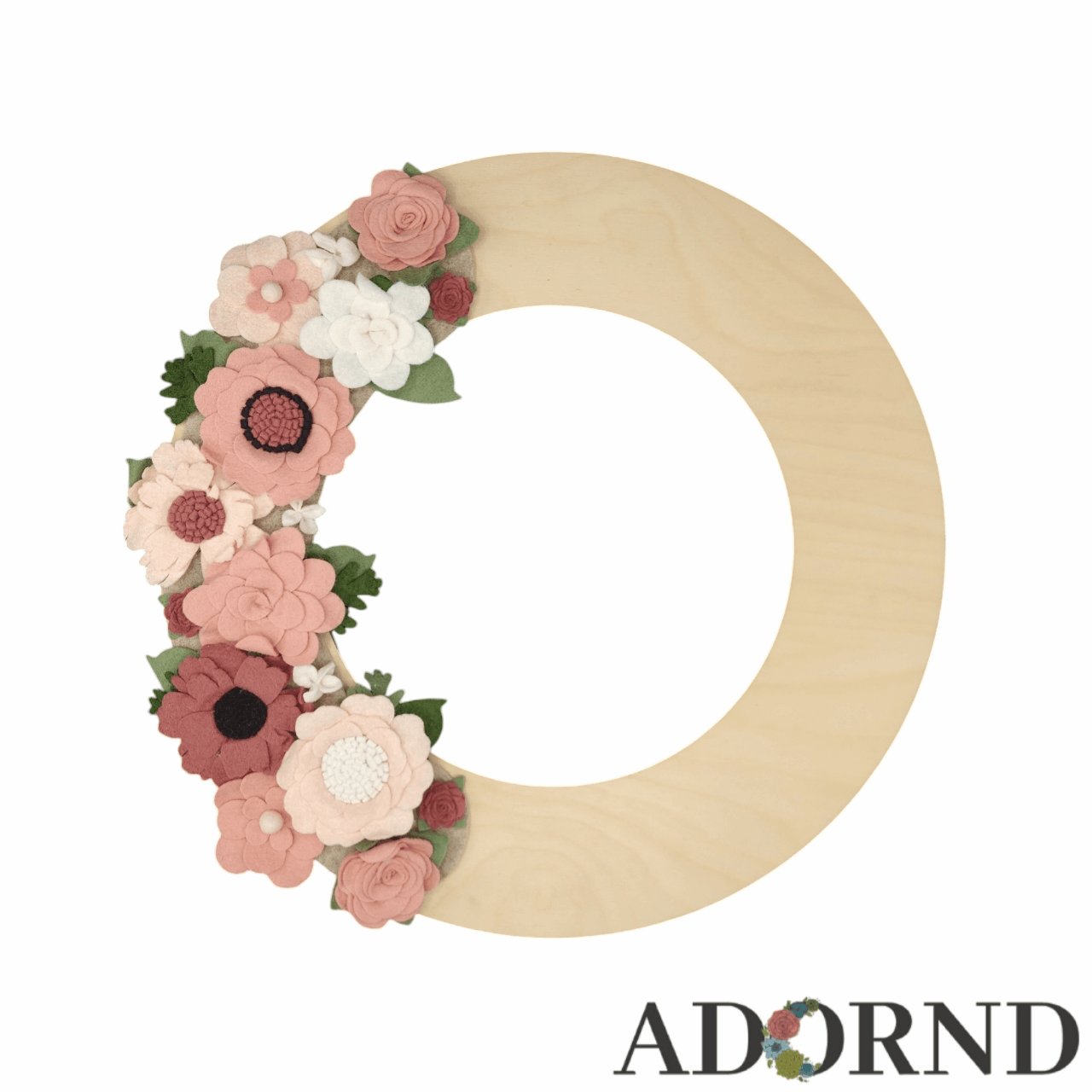 Our standard birch wreath featuring multiple holiday and seasonal felt flower attachments.