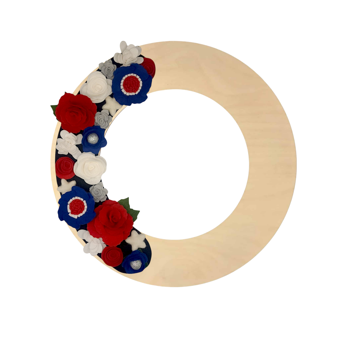 Close-up of a black felt interchangeable wreath attachment with red roses and white stars, perfect for 4th of July. Dump Trump wreath