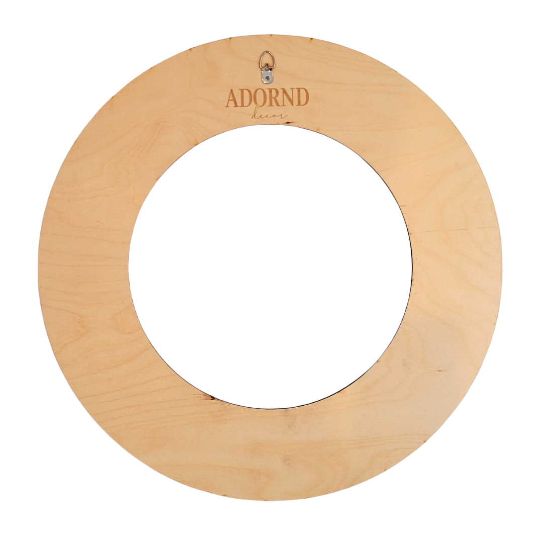 All wreath bases have the adornd decor brand lasercut on the back below a metal hook for ease of hanging.