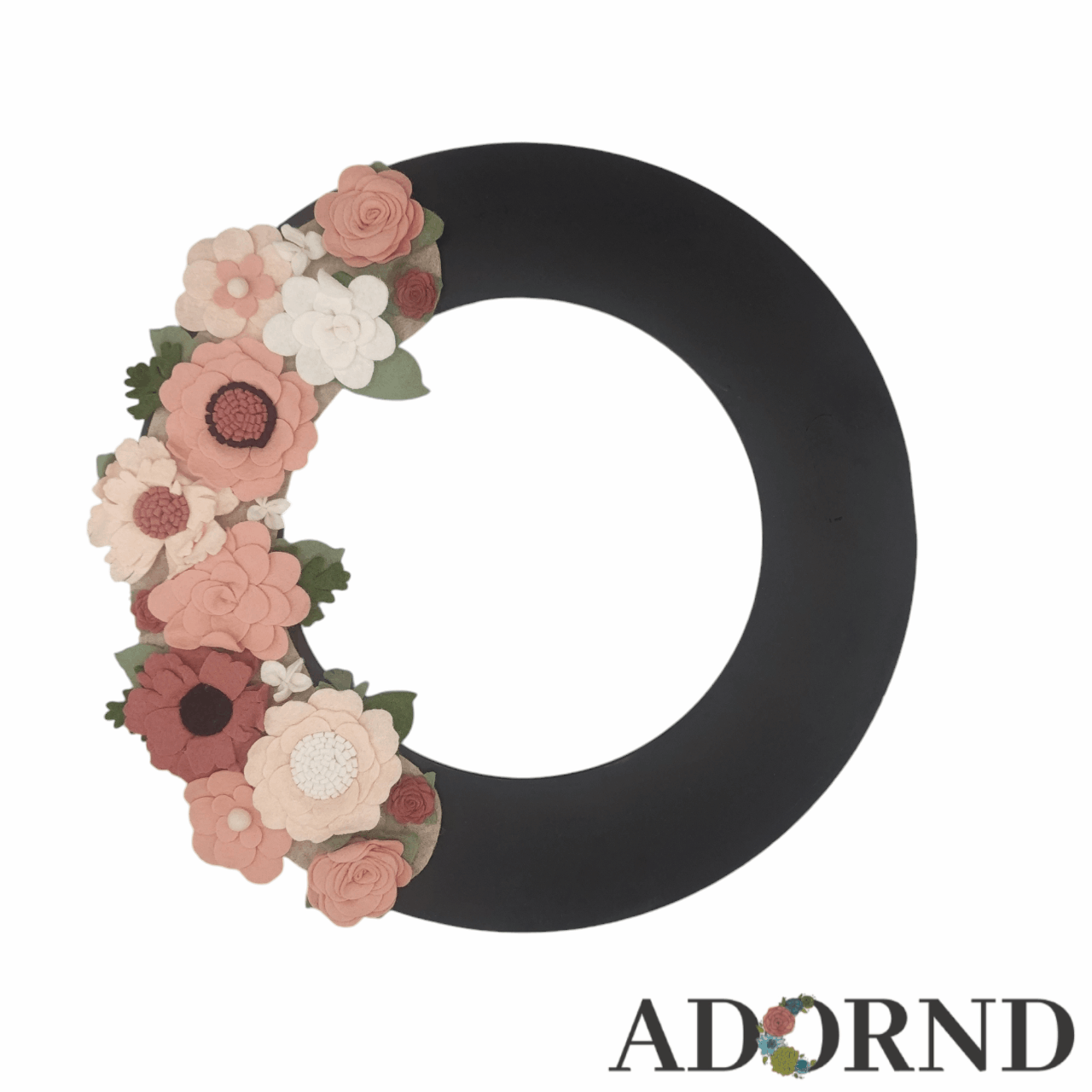 Our standard black wreath featuring multiple holiday and seasonal felt flower attachments.