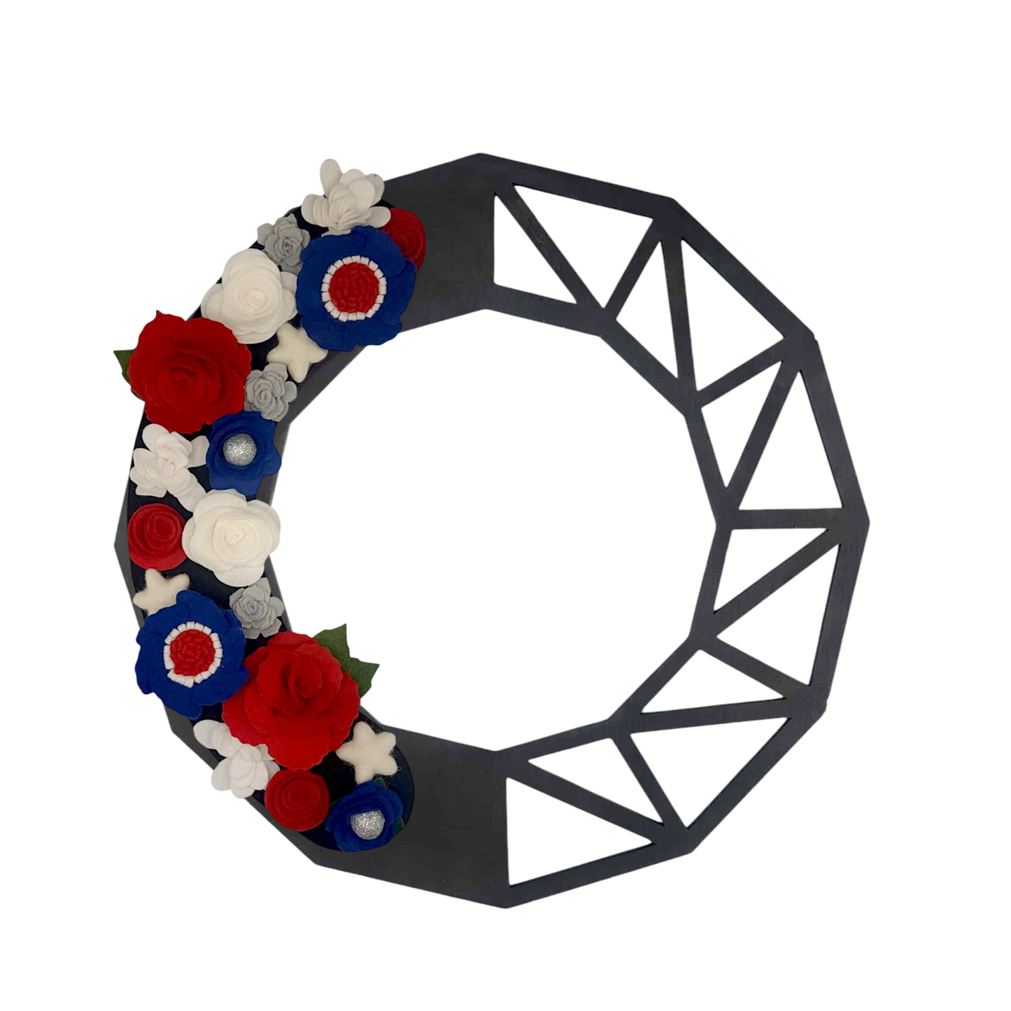 A sustainable, swappable wreath accessory showcasing red roses, white stars, and a black felt base for Independence Day décor.