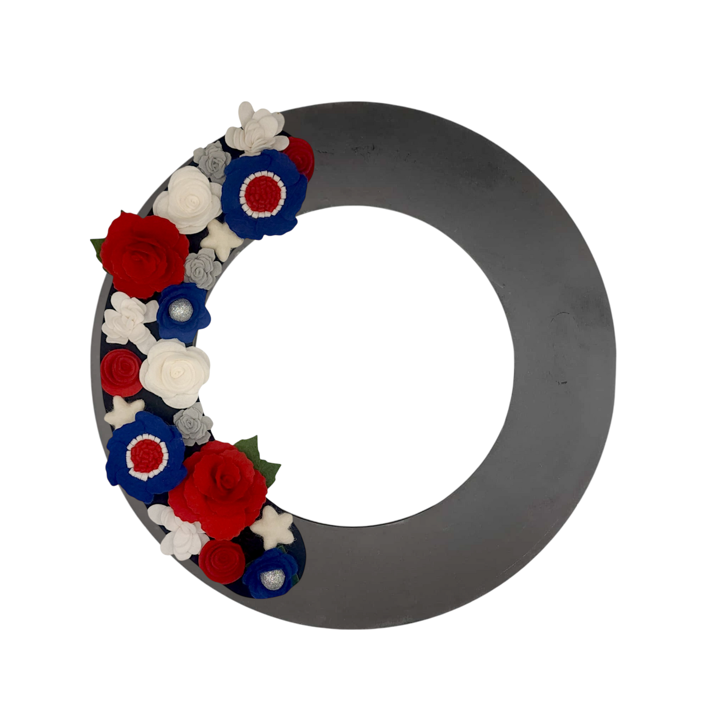 Festive 4th of July wreath attachment with patriotic-colored flowers and pops of white for a stylish front door display.