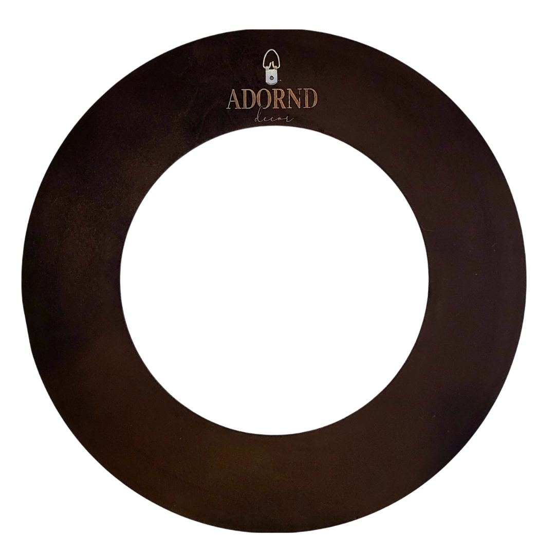 All wreath bases have the adornd decor brand lasercut on the back below a metal hook for ease of hanging.