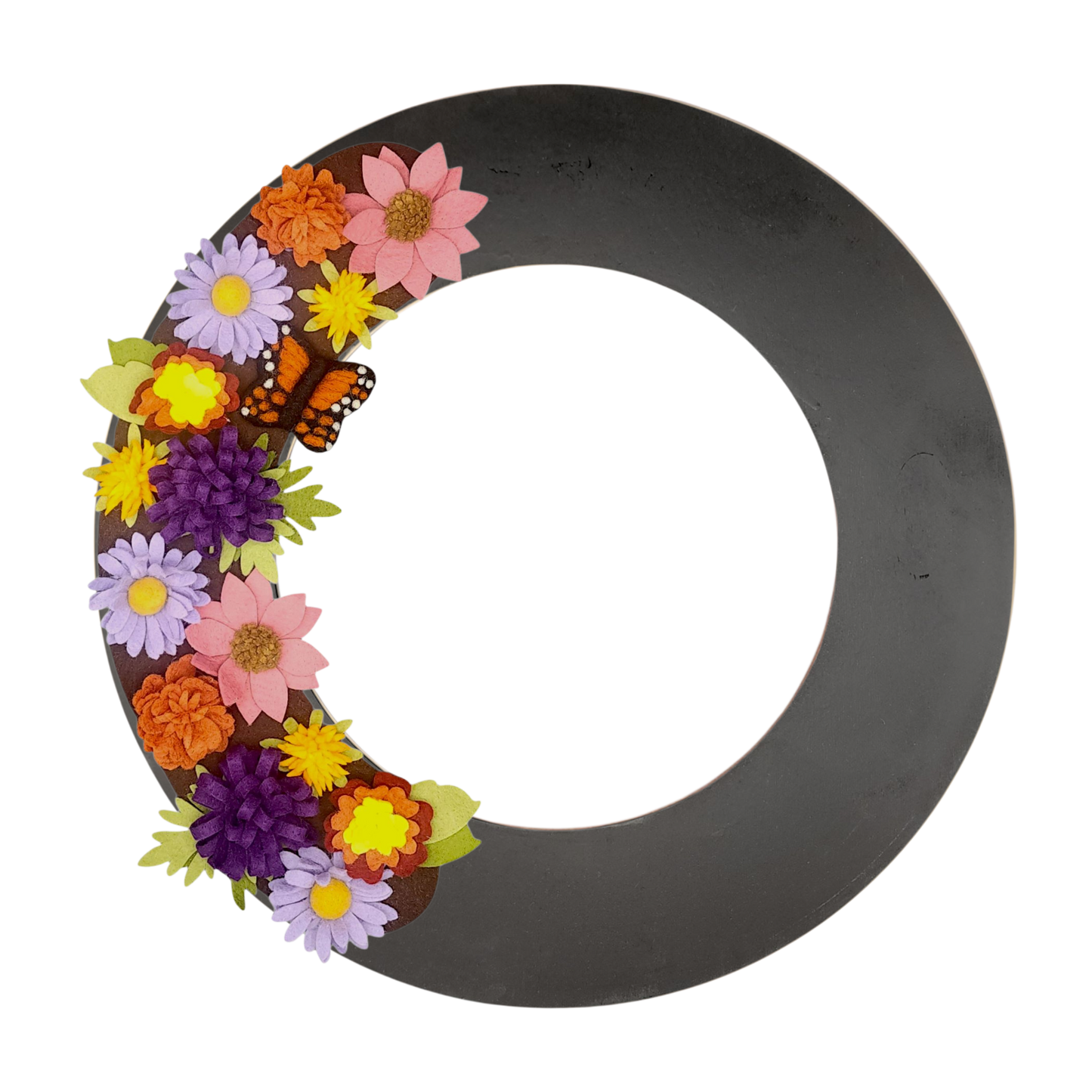 Wreath attachment featuring monarch butterflies surrounded by asters, lantana, milkweed, butterfly bush, and marigolds.