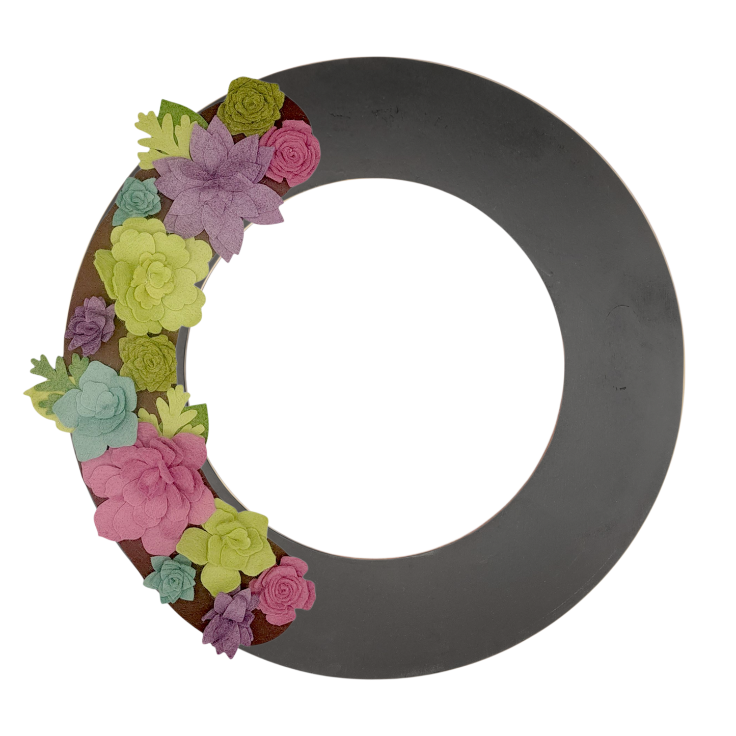 Custom, interchangeable, eco-friendly summer wreath attachment on a black wreath base.