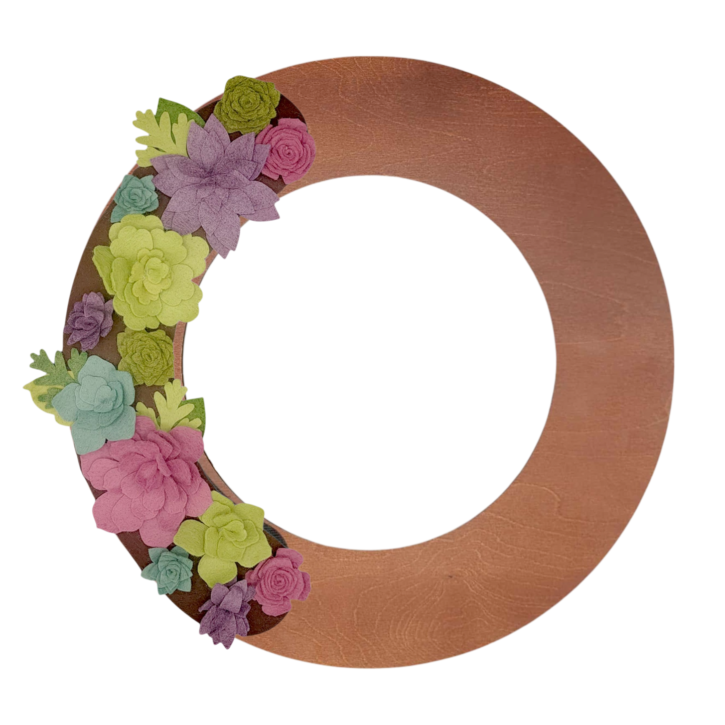 Custom, interchangeable, eco-friendly summer wreath attachment on a walnut wreath base.