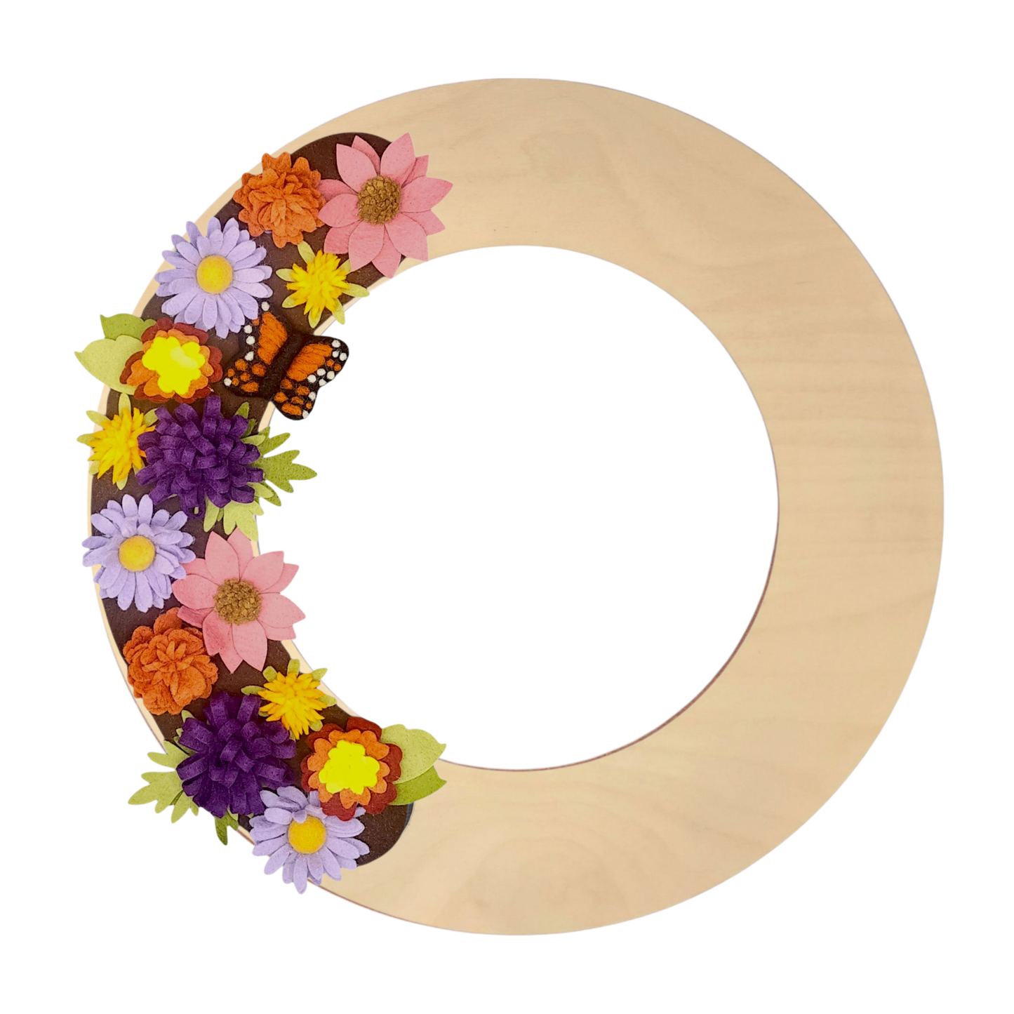 Autumn wreath attachment with orange, gold, and purple flowers and delicate monarch butterflies.