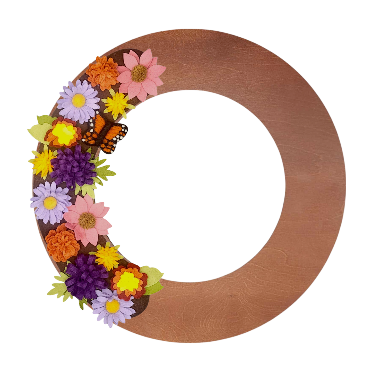Monarch butterfly wreath attachment with fall flowers in orange, periwinkle, and violet.