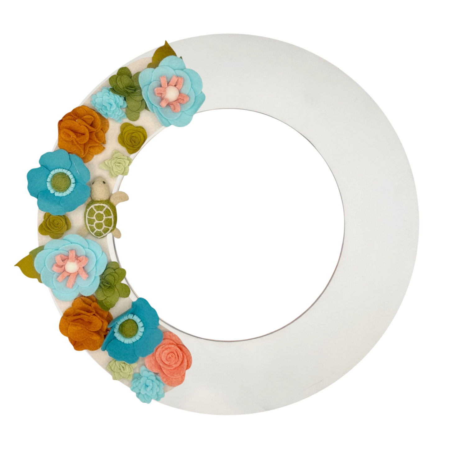 An eco-friendly wreath supporting the "Save the Sea Turtles" cause, featuring bright teal, blue, green, and orange felt flowers on a tan background featured on the white wreath base.