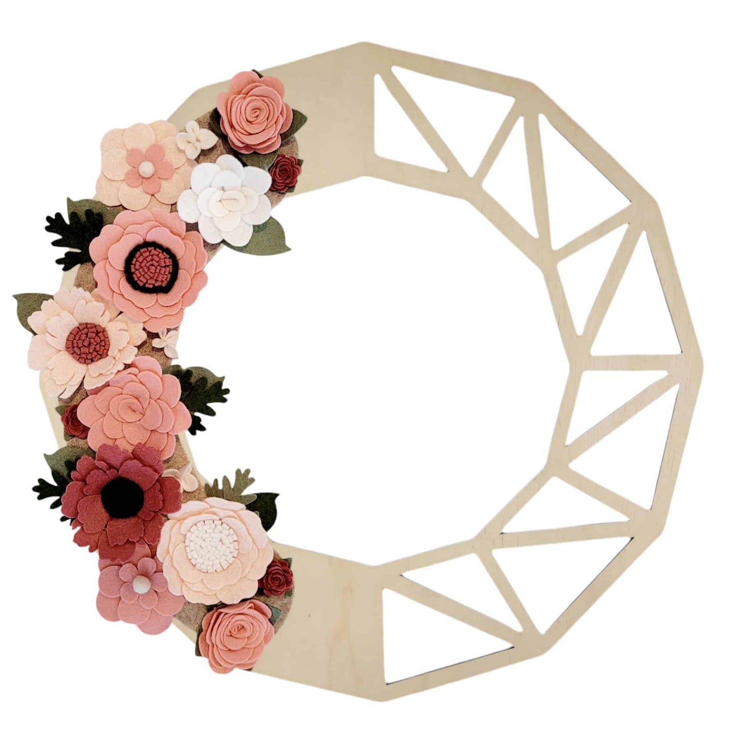 Introducing the Spring | Standard Wreath Attachment: a decorative wreath featuring an open geometric wooden frame, partially adorned with a cluster of Eco-Fi felt flowers in various shades of pink, white, and red. Intricate floral designs and green felt leaves are positioned to the left side of the wreath, leaving the right side bare.
