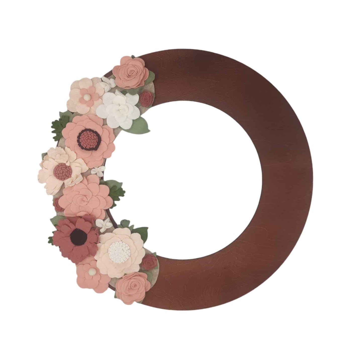 Custom, interchangeable, eco-friendly spring wreath attachment on a walnut wreath base.