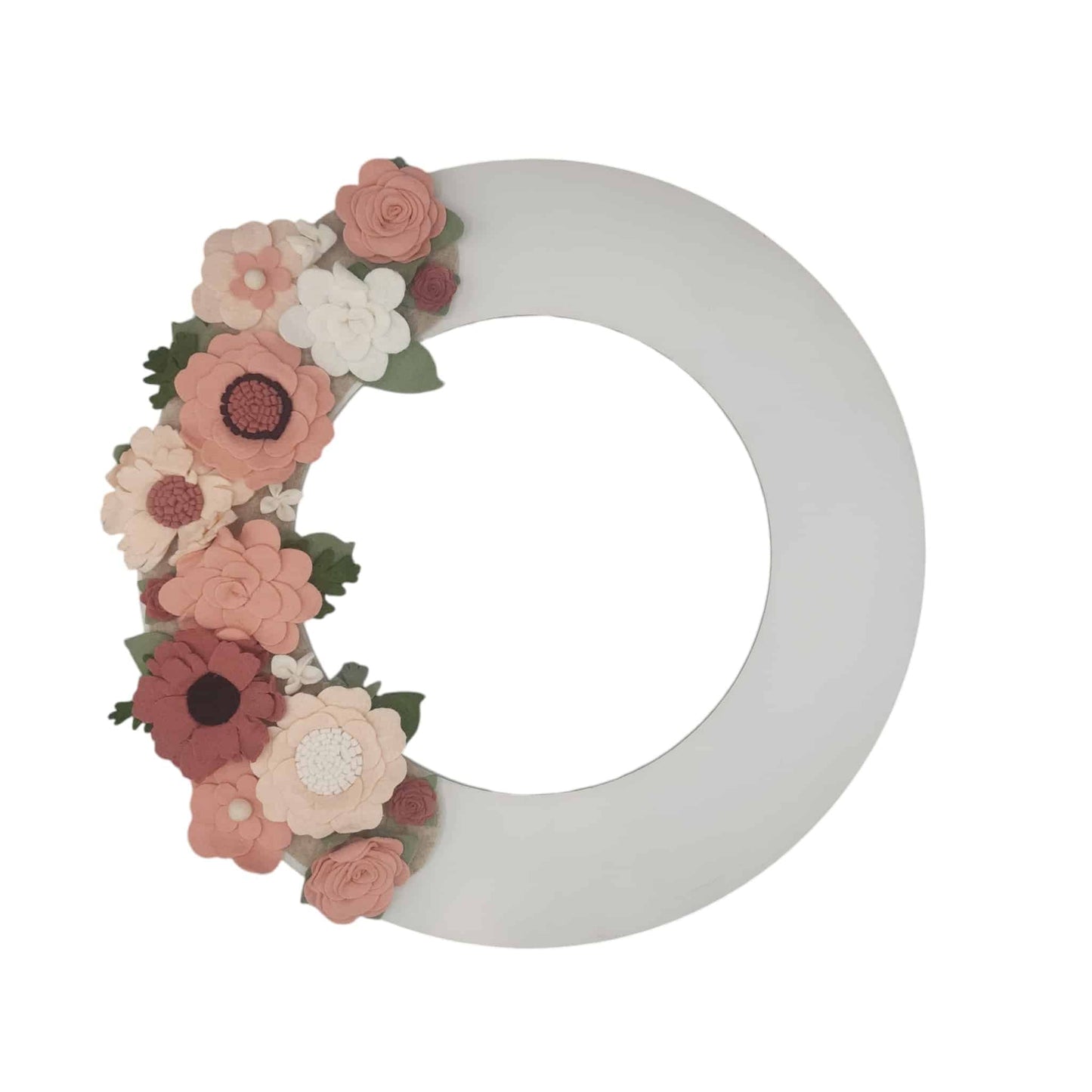 Custom, interchangeable, eco-friendly spring wreath attachment on a white wreath base