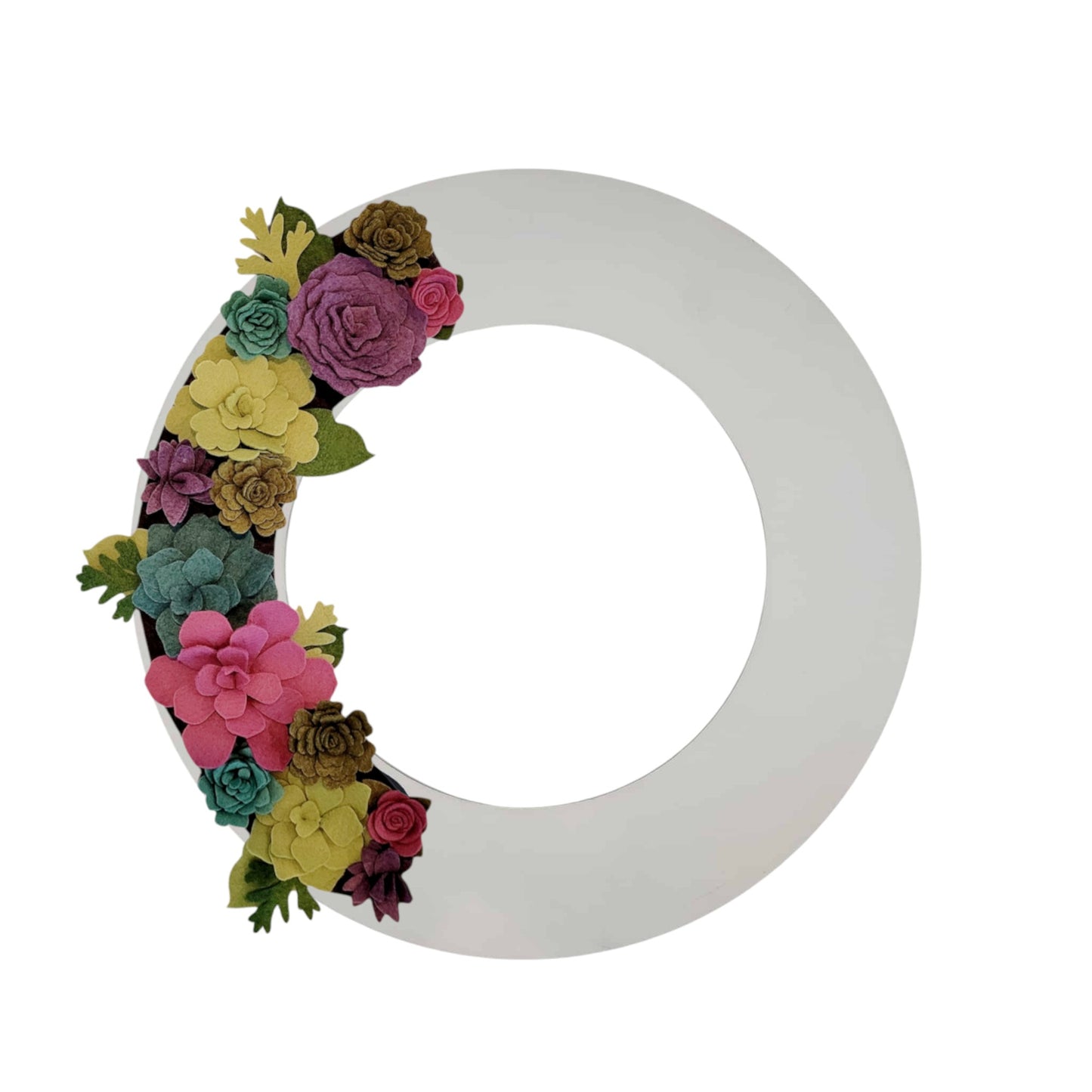 Custom, interchangeable, eco-friendly summer wreath attachment on a white wreath base.